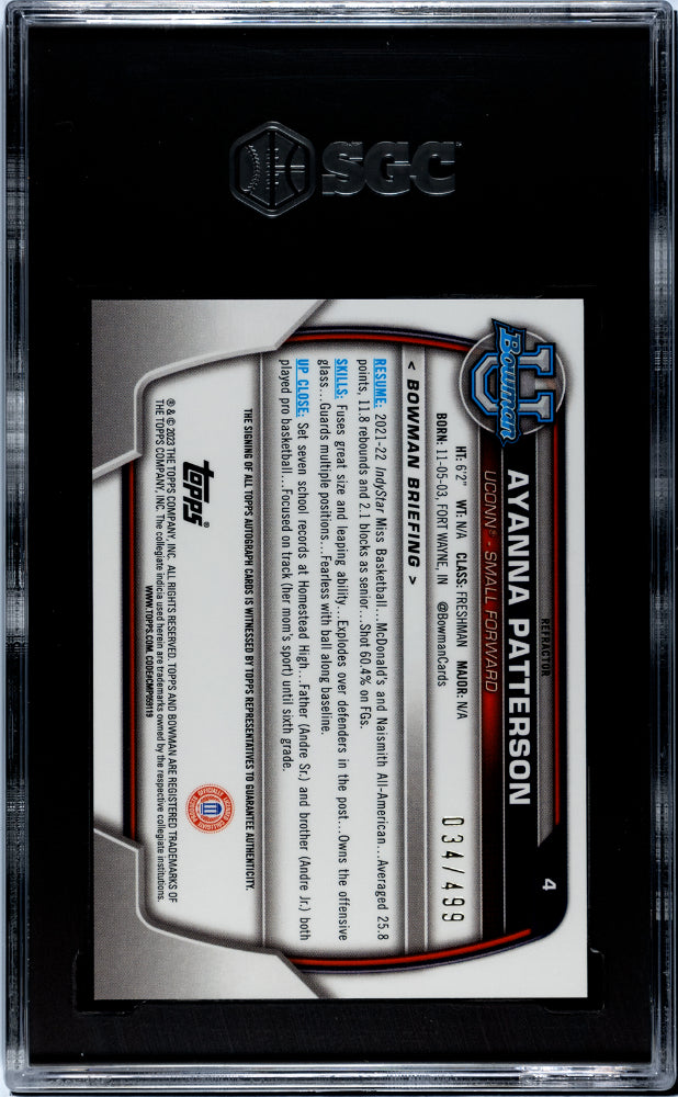 2022-23 Bowman University Chrome #4 Ayanna Patterson Auto. Ref. 034/499 SGC 9.5