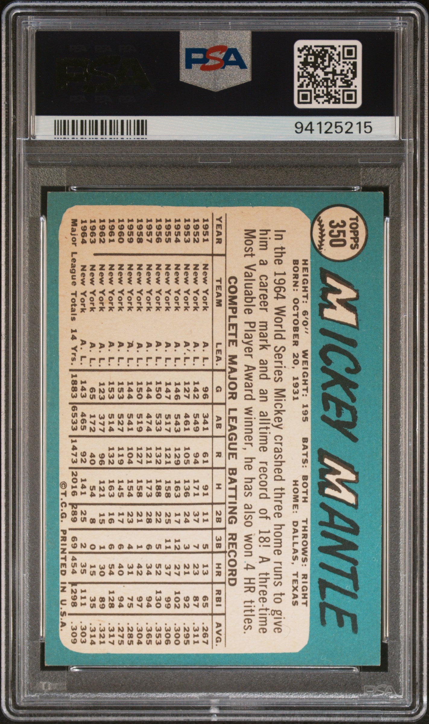 1965 Topps #350 Mickey Mantle PSA 5