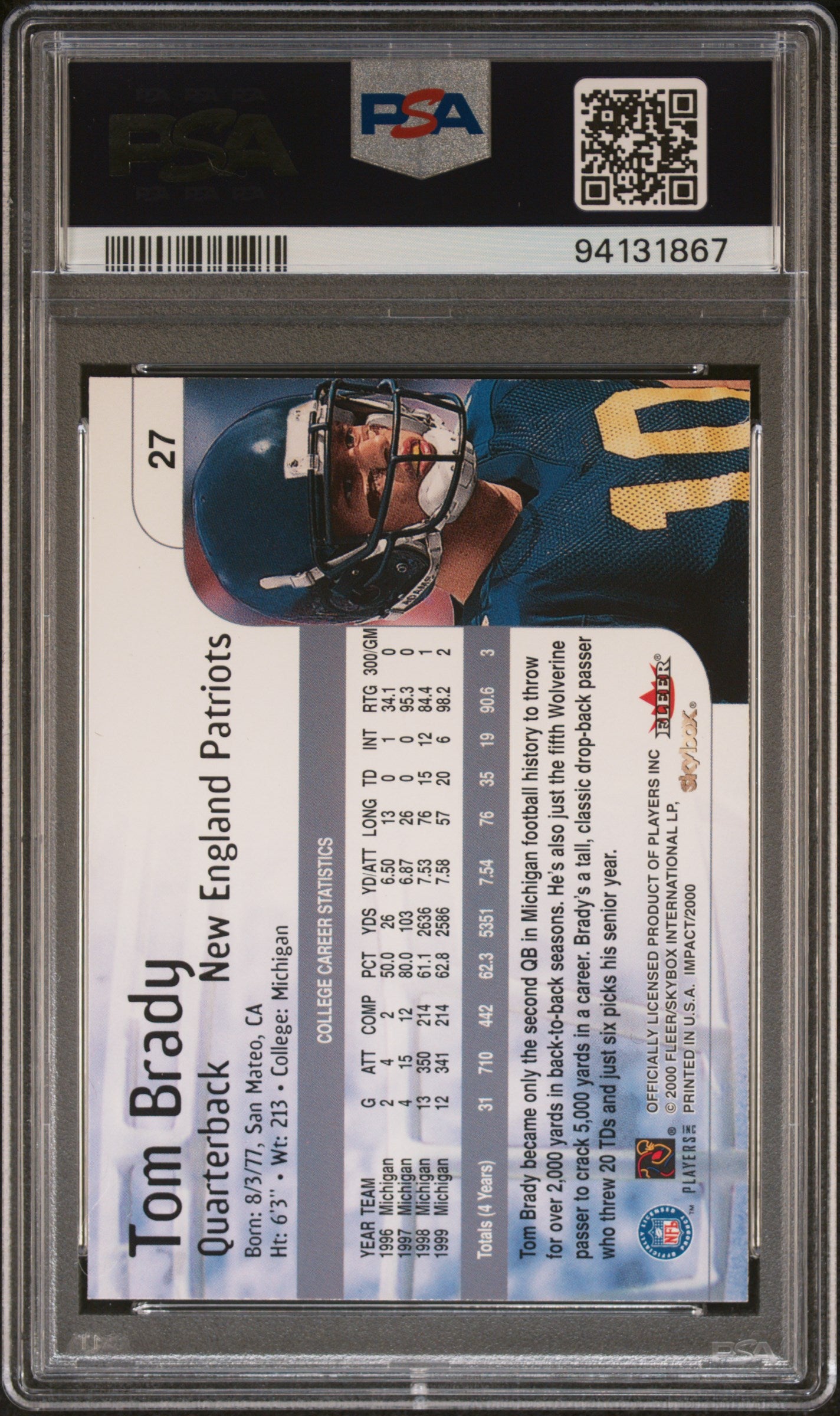2000 SkyBox Impact Tom Brady #27 RC PSA 9