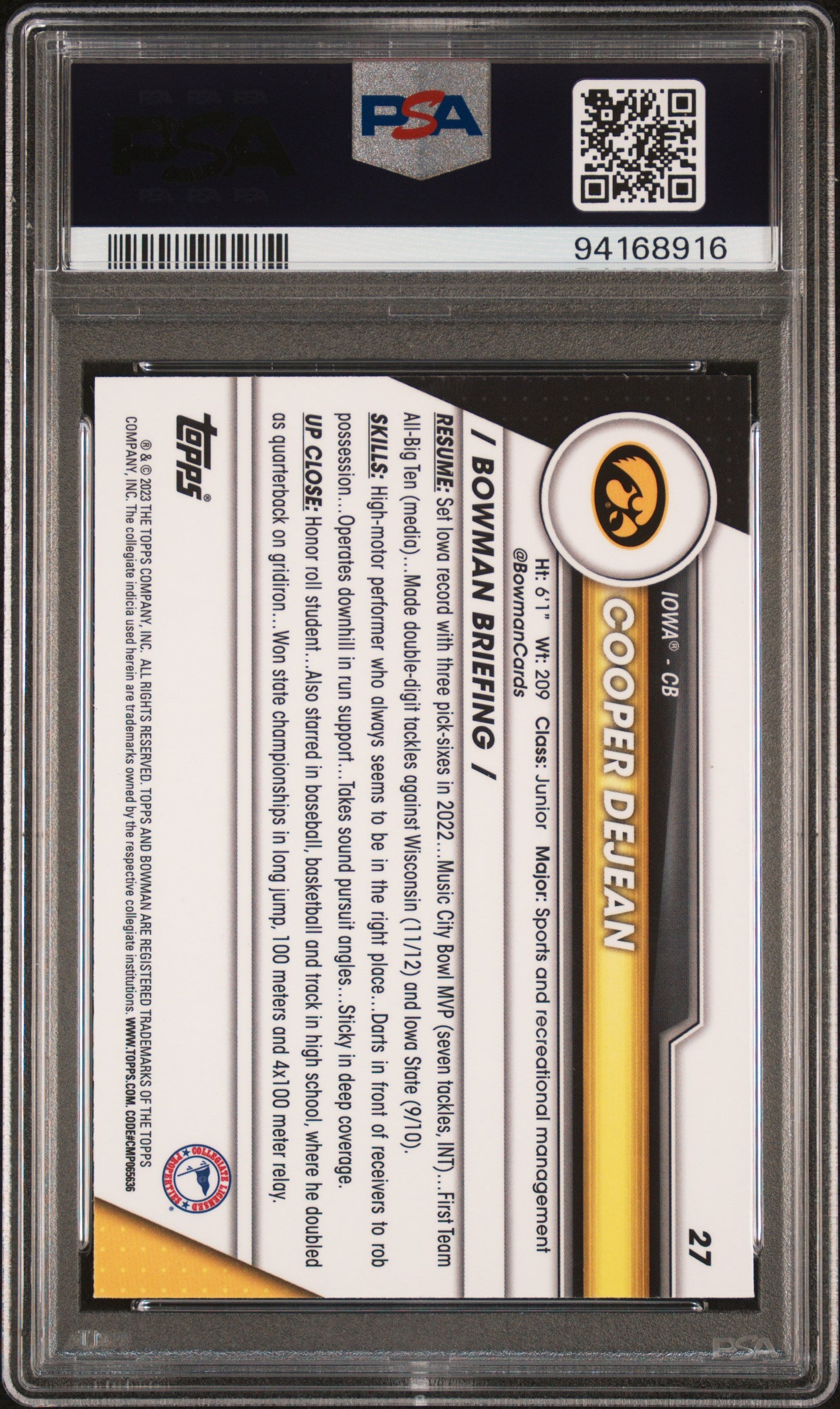 2023 Bowman U Chrome #27 Cooper DeJean PSA 10