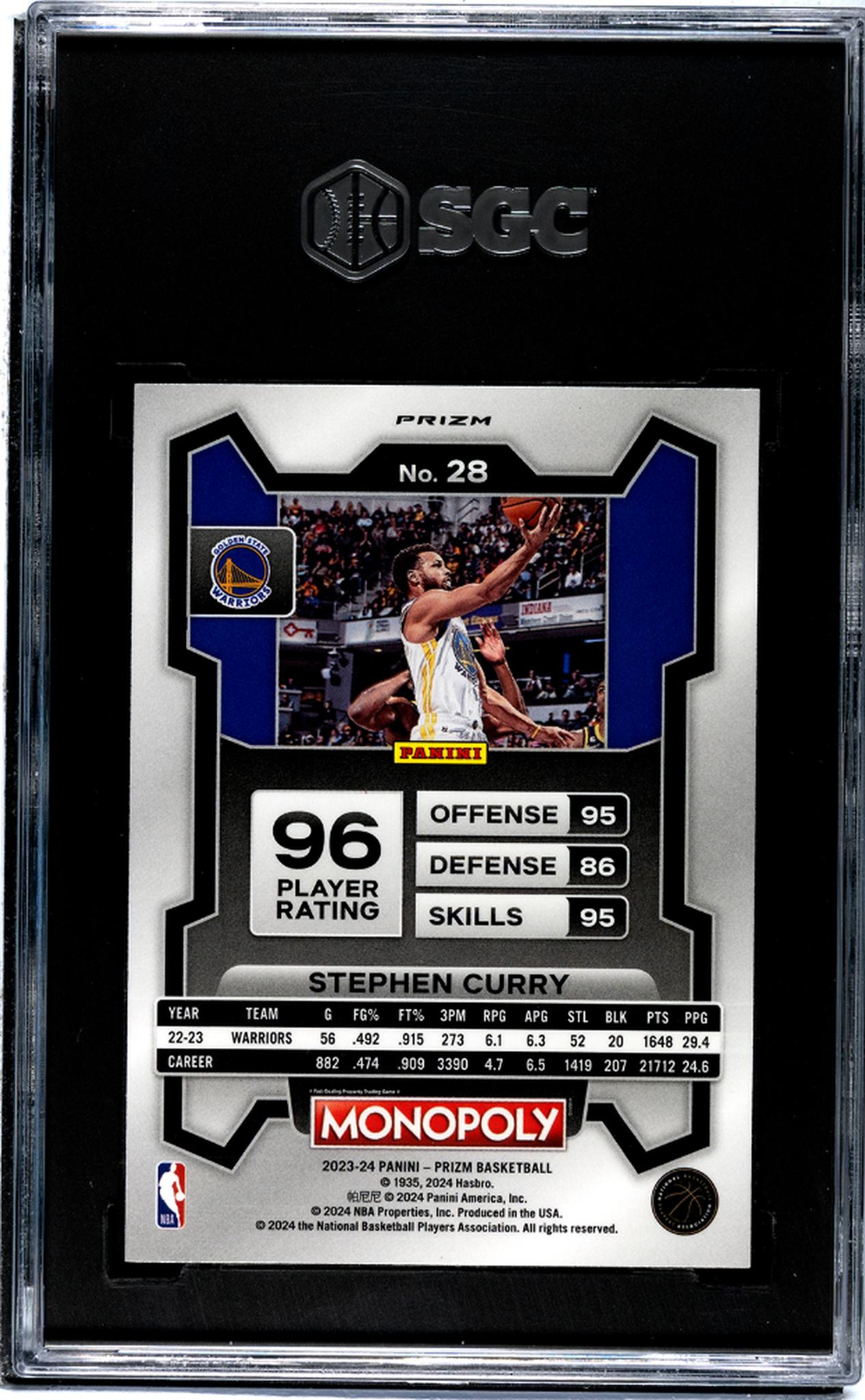 2023-24 Panini Prizm Monopoly #28 Stephen Curry Purple Prizm SGC 10