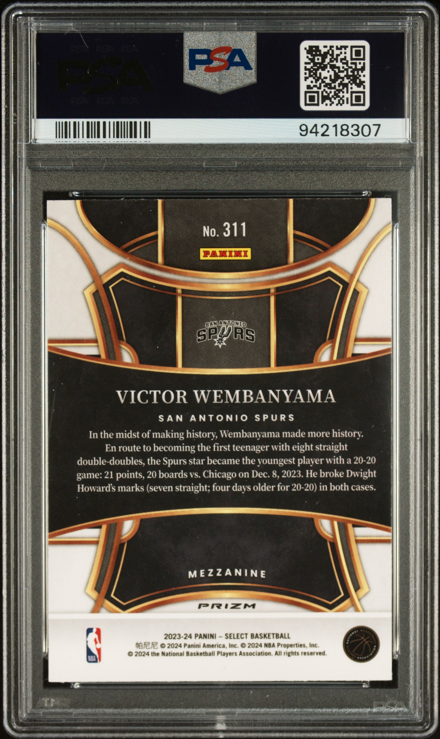 2023 Panini Select Blue Prizm Victor Wembanyama #311 RC Mezzanine PSA 10