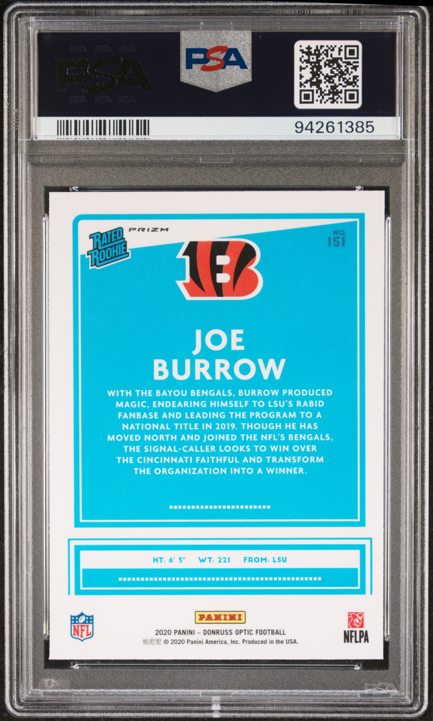 2020 Donruss Optic Rated Rookie Holo Joe Burrow #151 PSA 10
