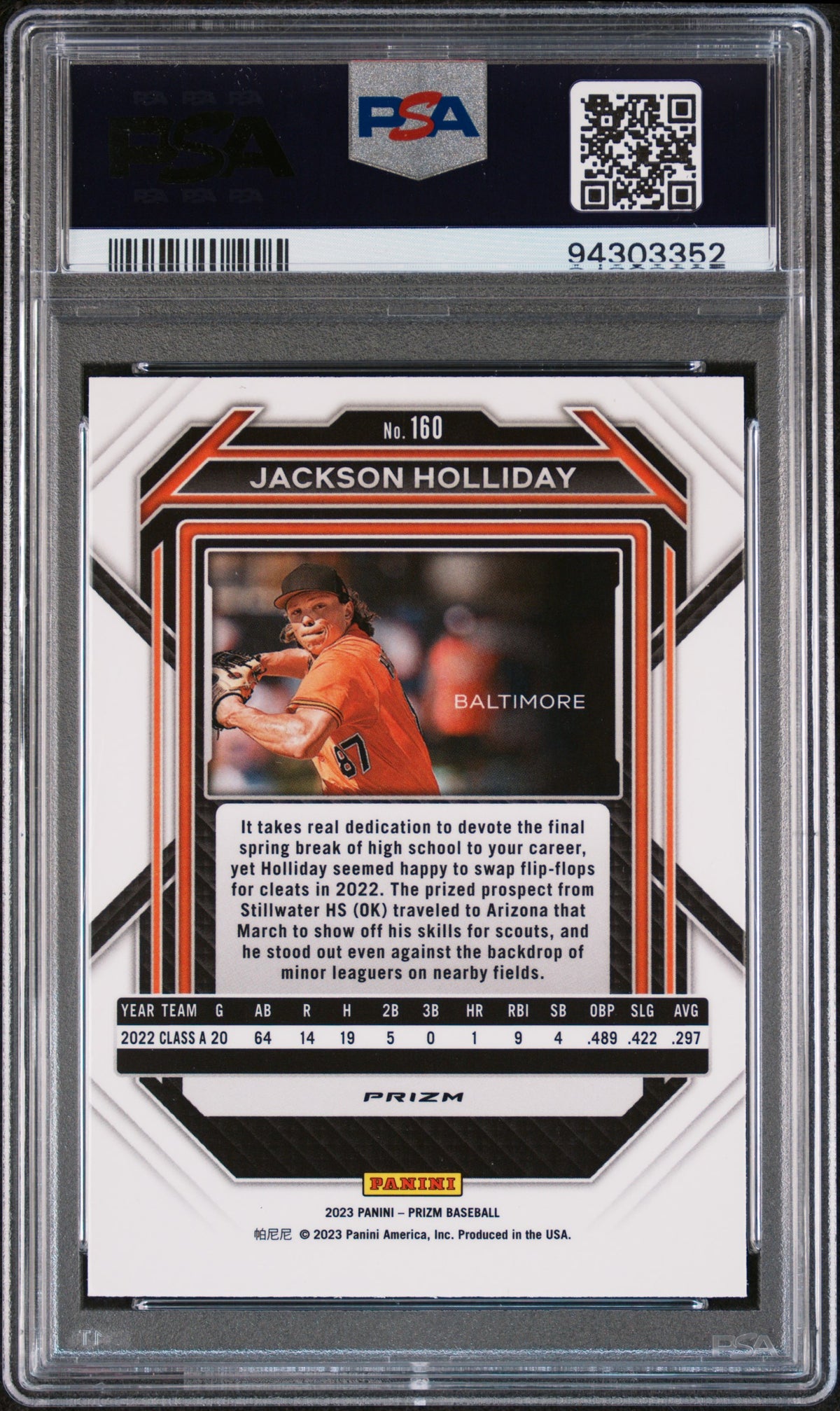 2023 Panini Prizm Blue Ice Jackson Holliday #160 PSA 10