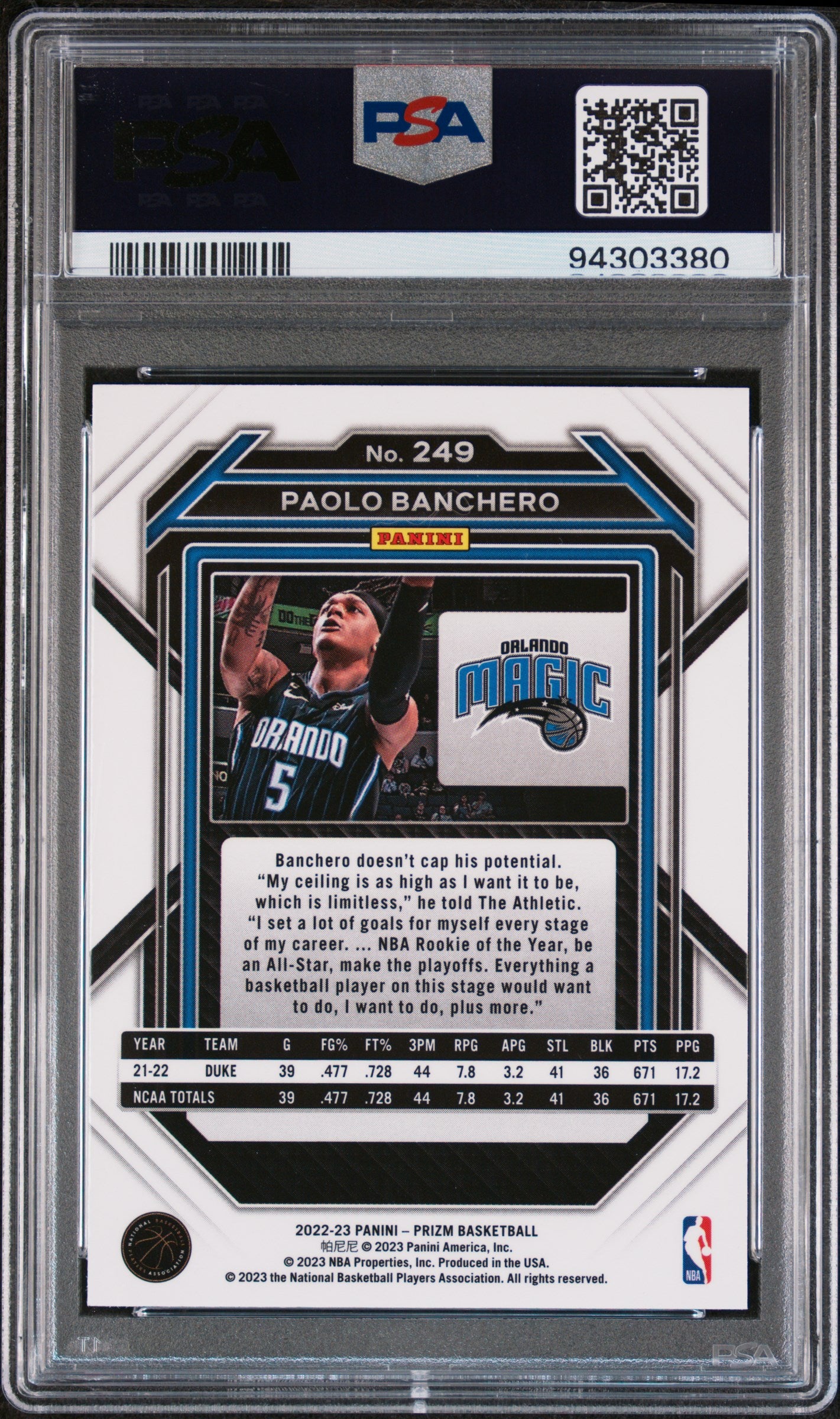 2022 Panini Prizm 249 Paolo Banchero Rookie PSA 9 Mint Orlando Magic