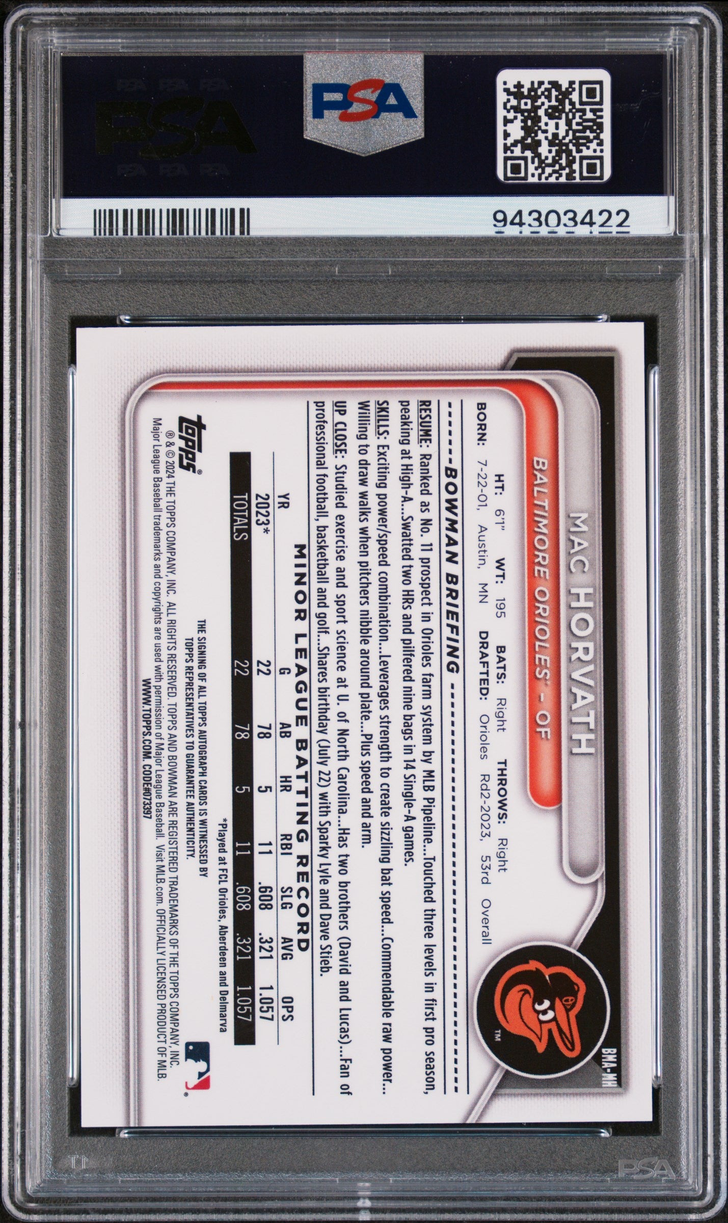 2024 Bowman Mega Box Auto Chrome Purple Mac Horvath /199 PSA 10