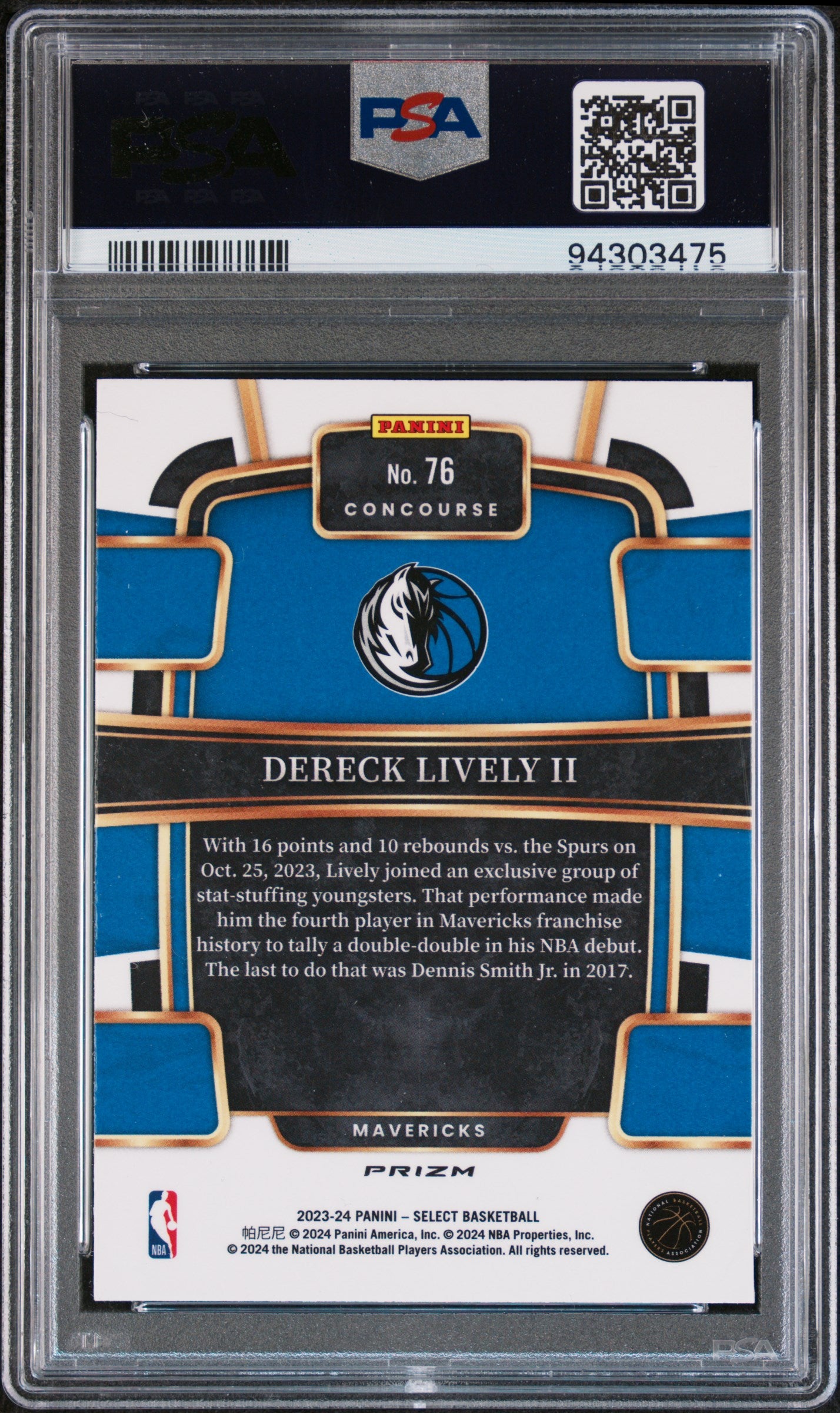 2023 Panini Select 76 Dereck Lively II Blue Cracked Ice Blue Rookie PSA 9 Mint Mavericks