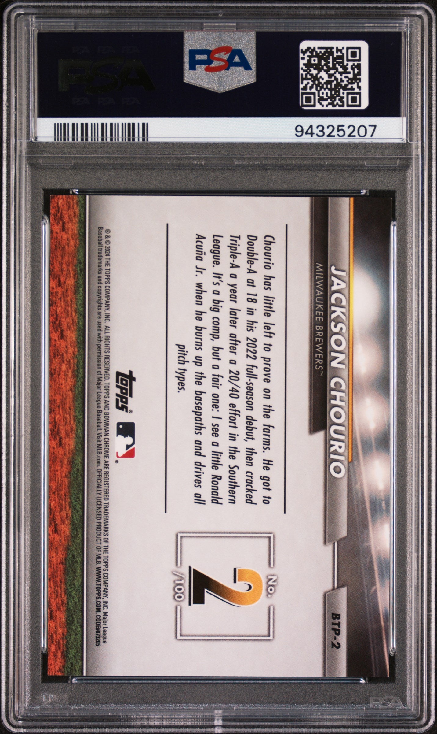 2024 Bowman Scouts' Top 100 Gold Refractor Jackson Chourio #BTP-2 /50 PSA 10