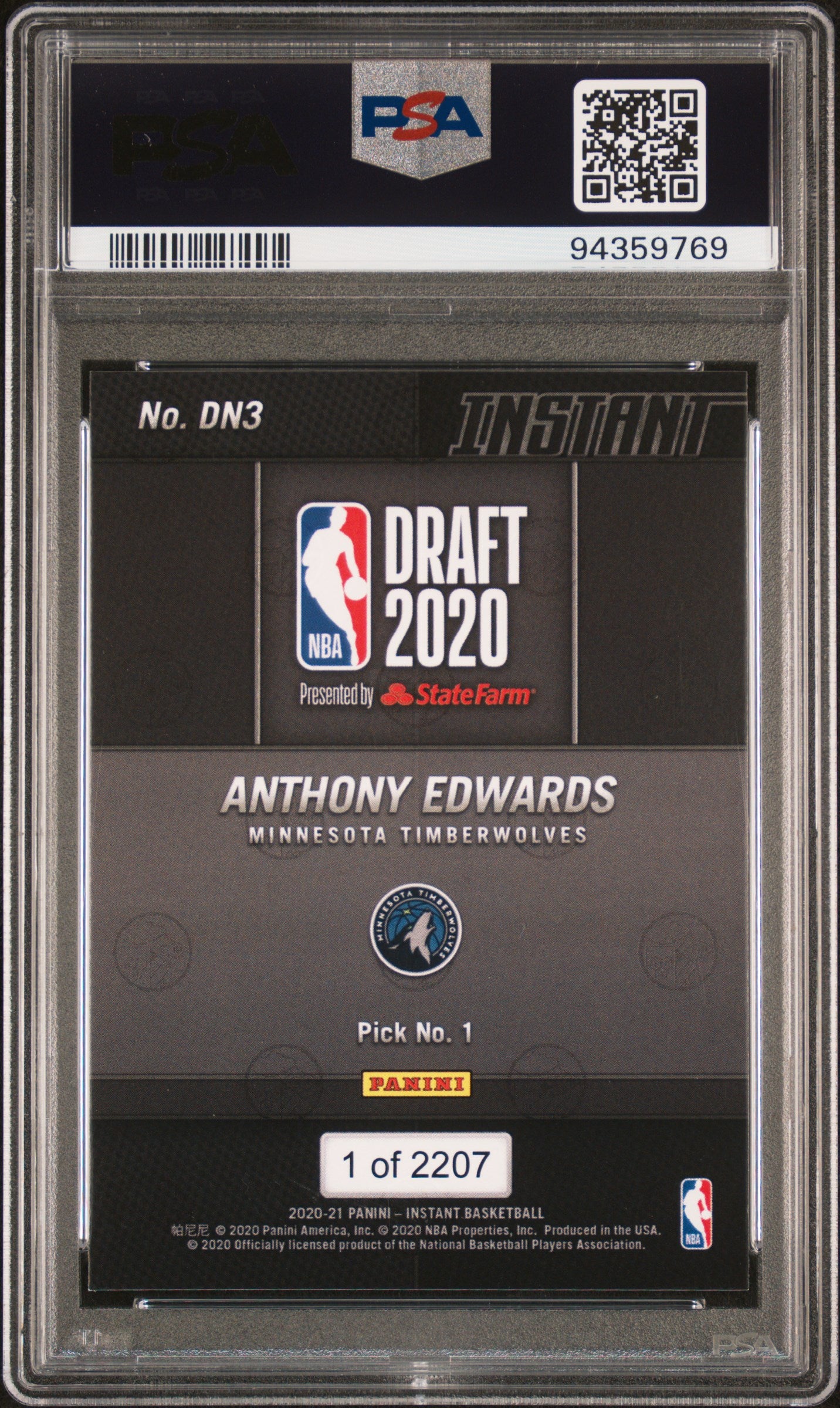 2020 Panini Instant Draft Night Anthony Edwards #DN3 /1 PSA 10