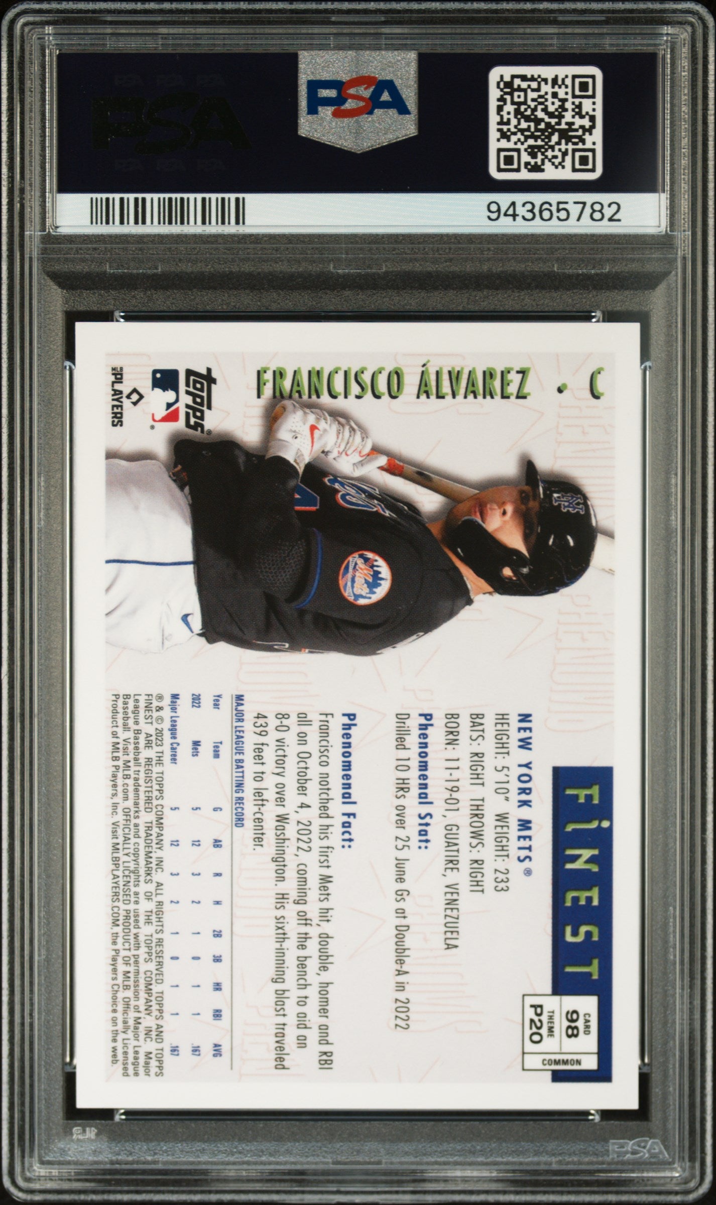2023 Topps Finest Flashbacks Francisco Alvarez #98 RC Refractor /10 PSA 9