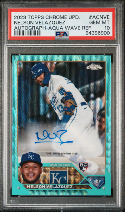2023 Topps Chrome Update Nelson Velazquez #ACNVE Aqua Wave Auto /199 PSA 10