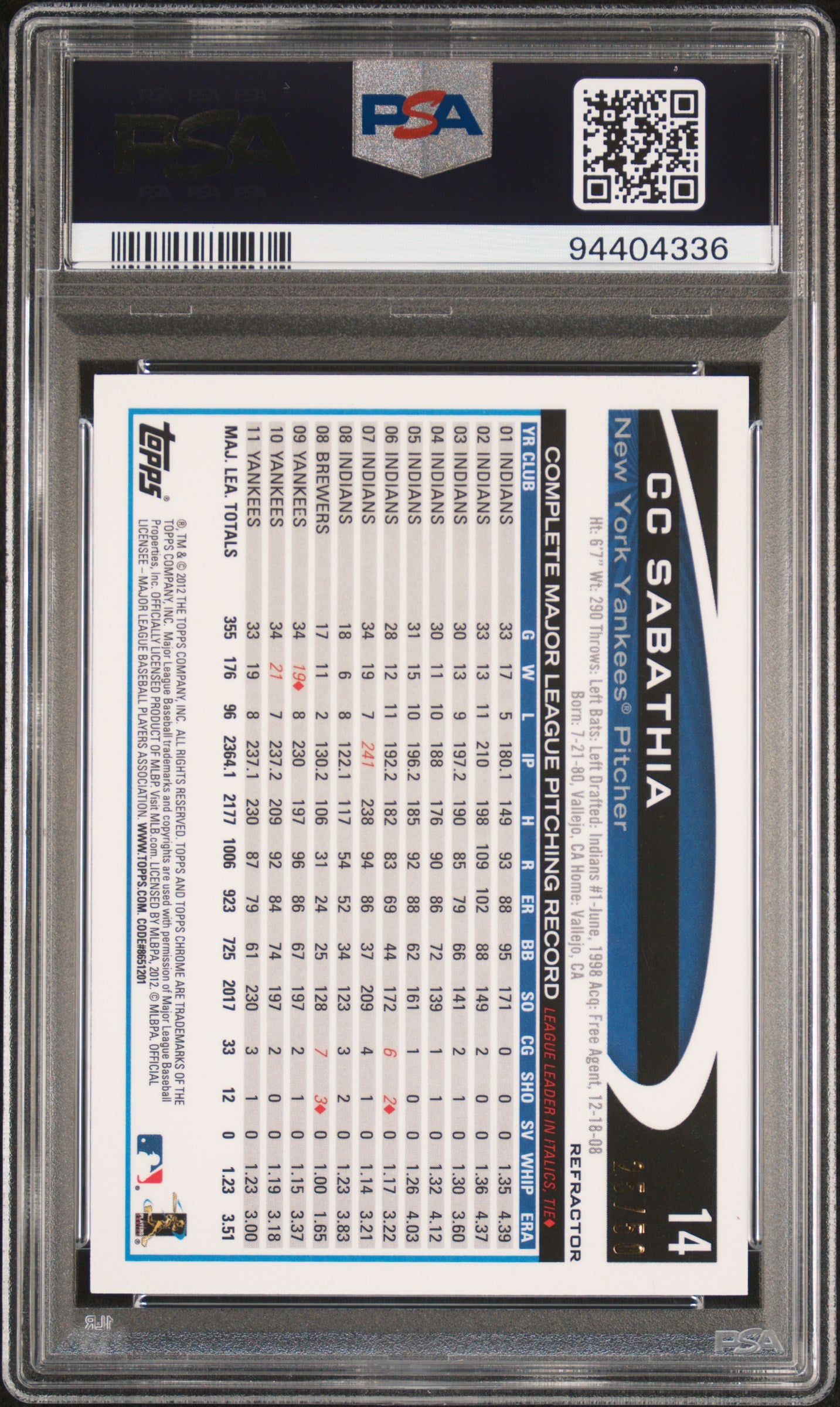 2012 Topps Chrome Gold Refractor Cc Sabathia #14 /50 PSA 10