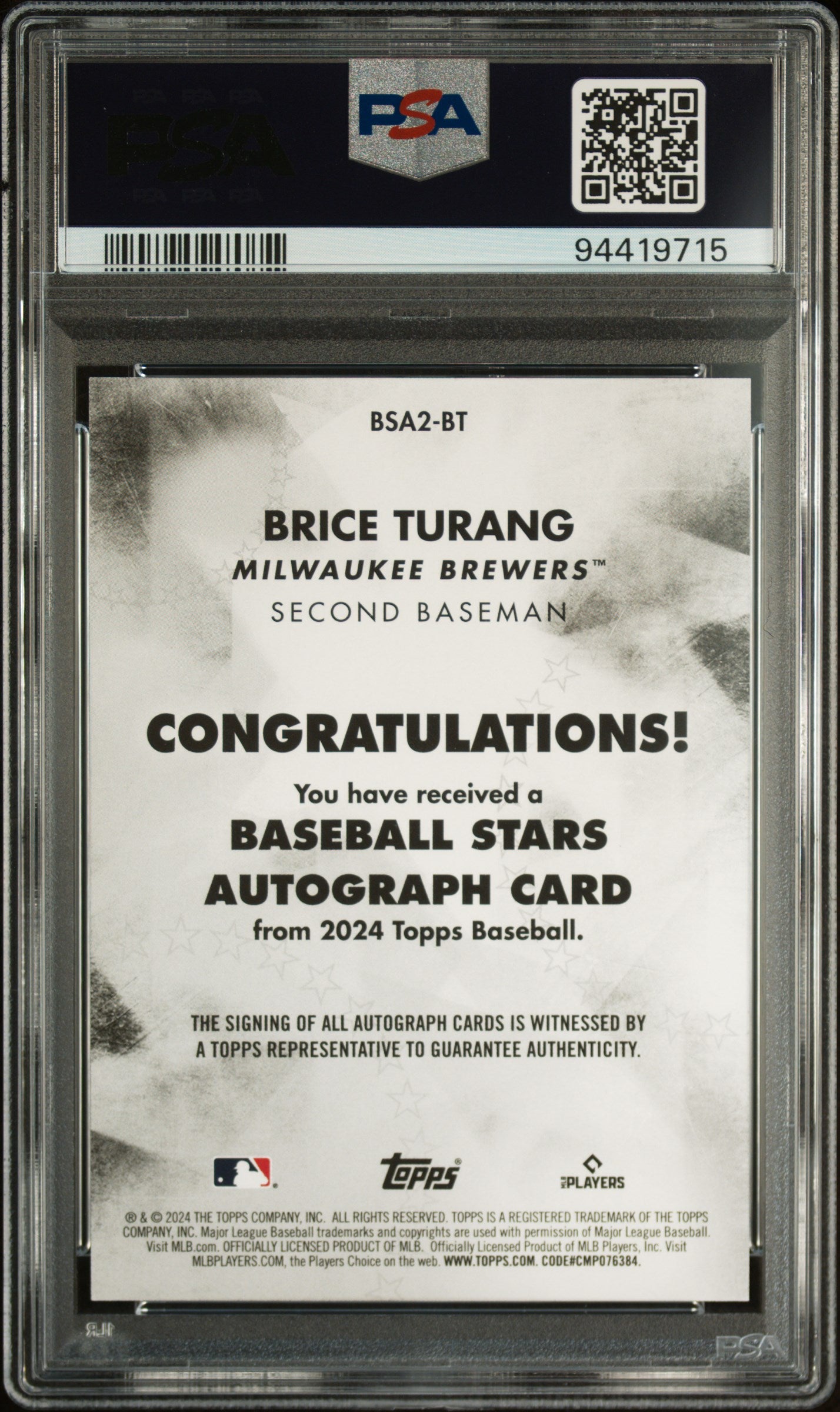 2024 Baseball Stars Autograph #BSA2BT Brice Turang Baseball Stars Auto PSA 9