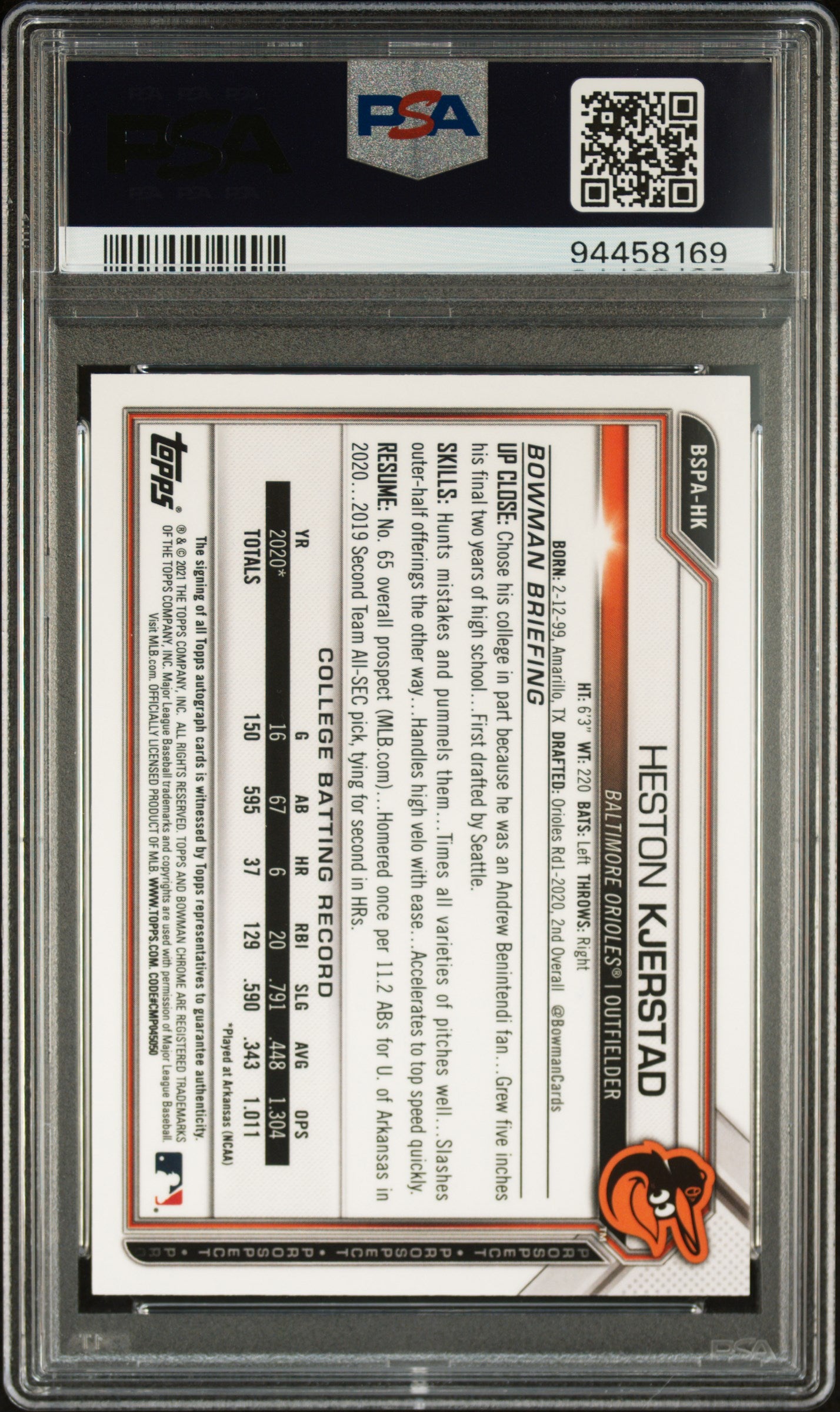 2021 Bowman Chrome Sapphire Aqua Heston Kjerstad #BSPAHK Auto /99 PSA 10