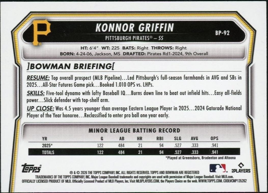 2026 Bowman BP-92 Konnor Griffin Black Border /10