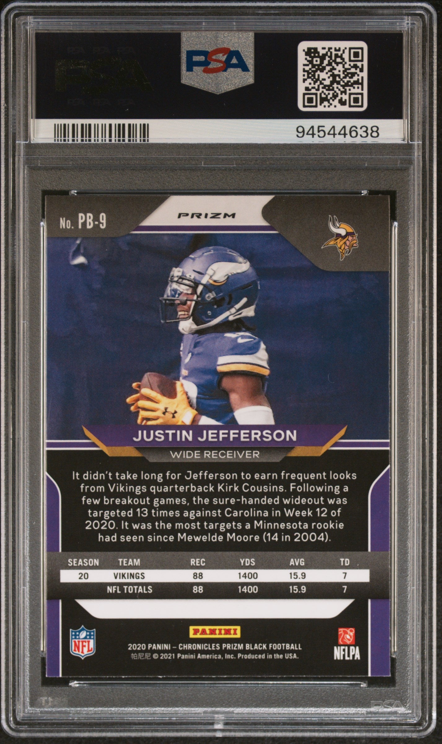 2020 Panini Chronicles Prizm Black Silver Rookie #PB9 Justin Jefferson PSA 10