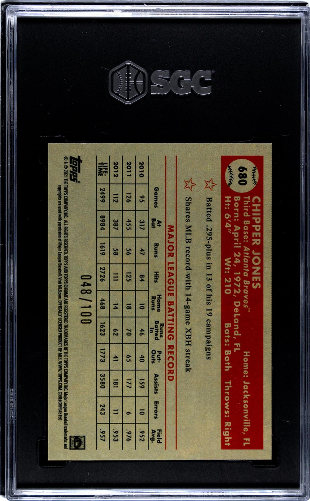 2021 Topps Chrome Platinum Anniversary #680 Chipper Jones Red Atomic Refractor /100 SGC 10