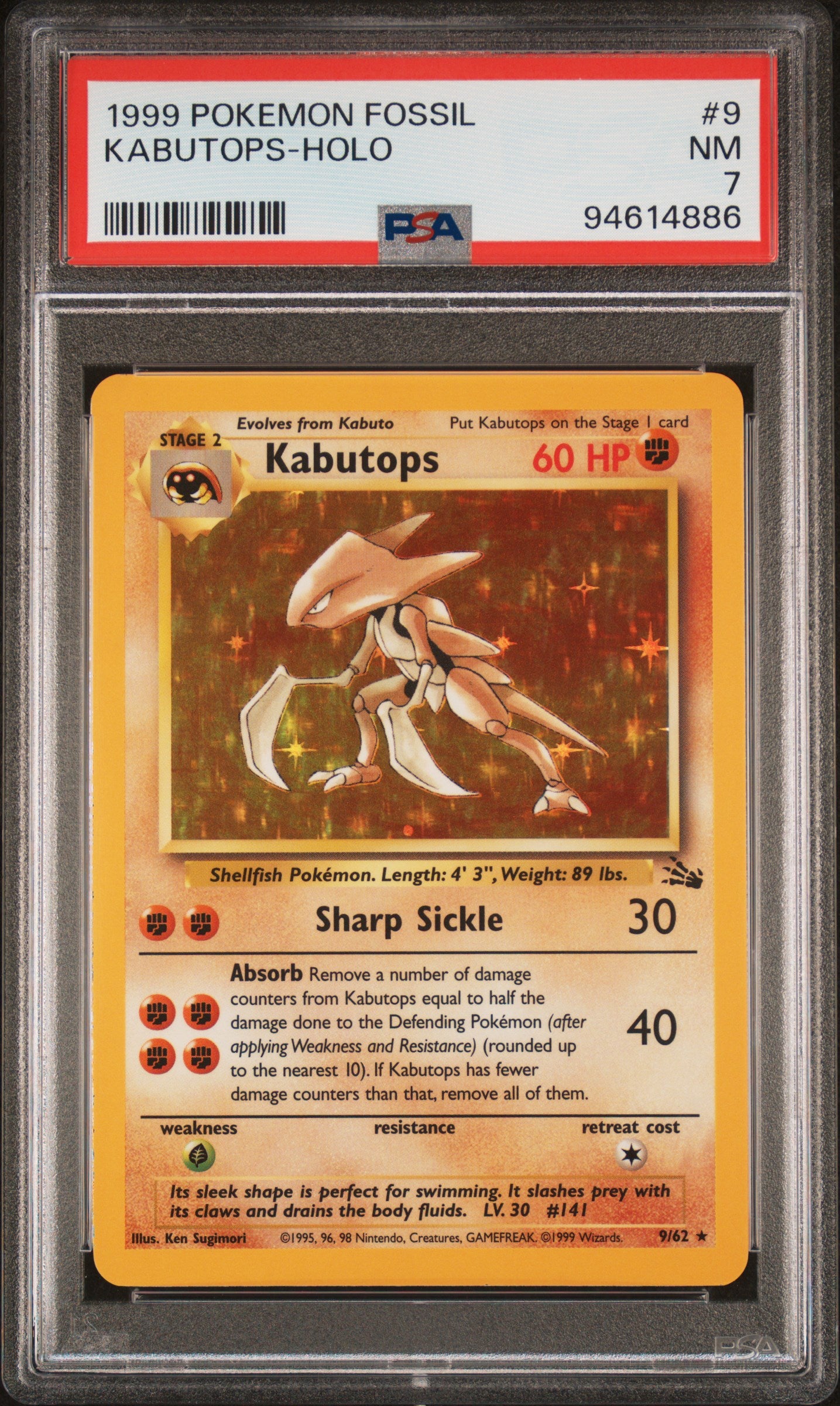 1999 Pokémon Fossil Kabutops #9/62 Holo PSA 7