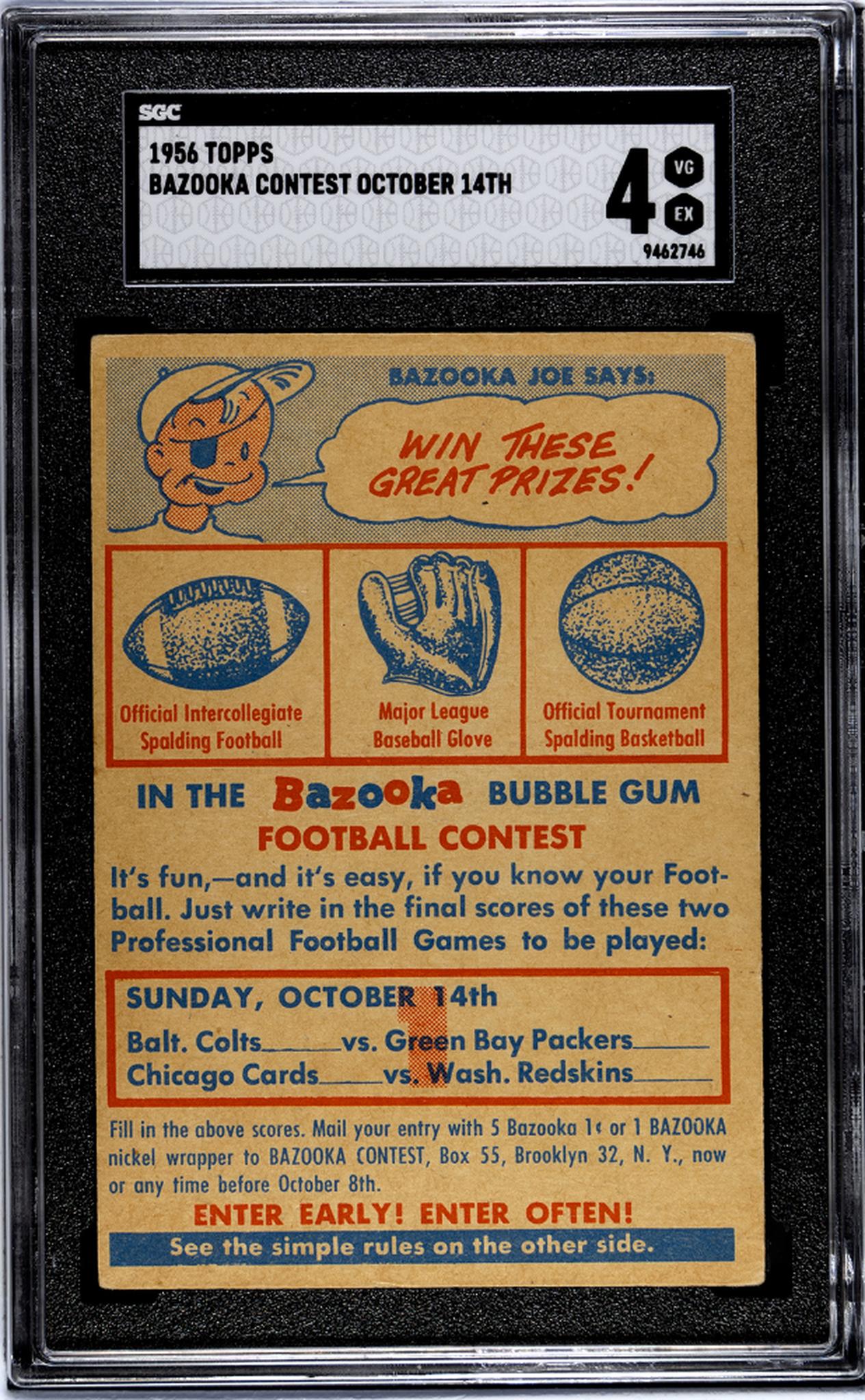 1956 Topps Bazooka Contest October 14th Bazooka Joe SGC 4