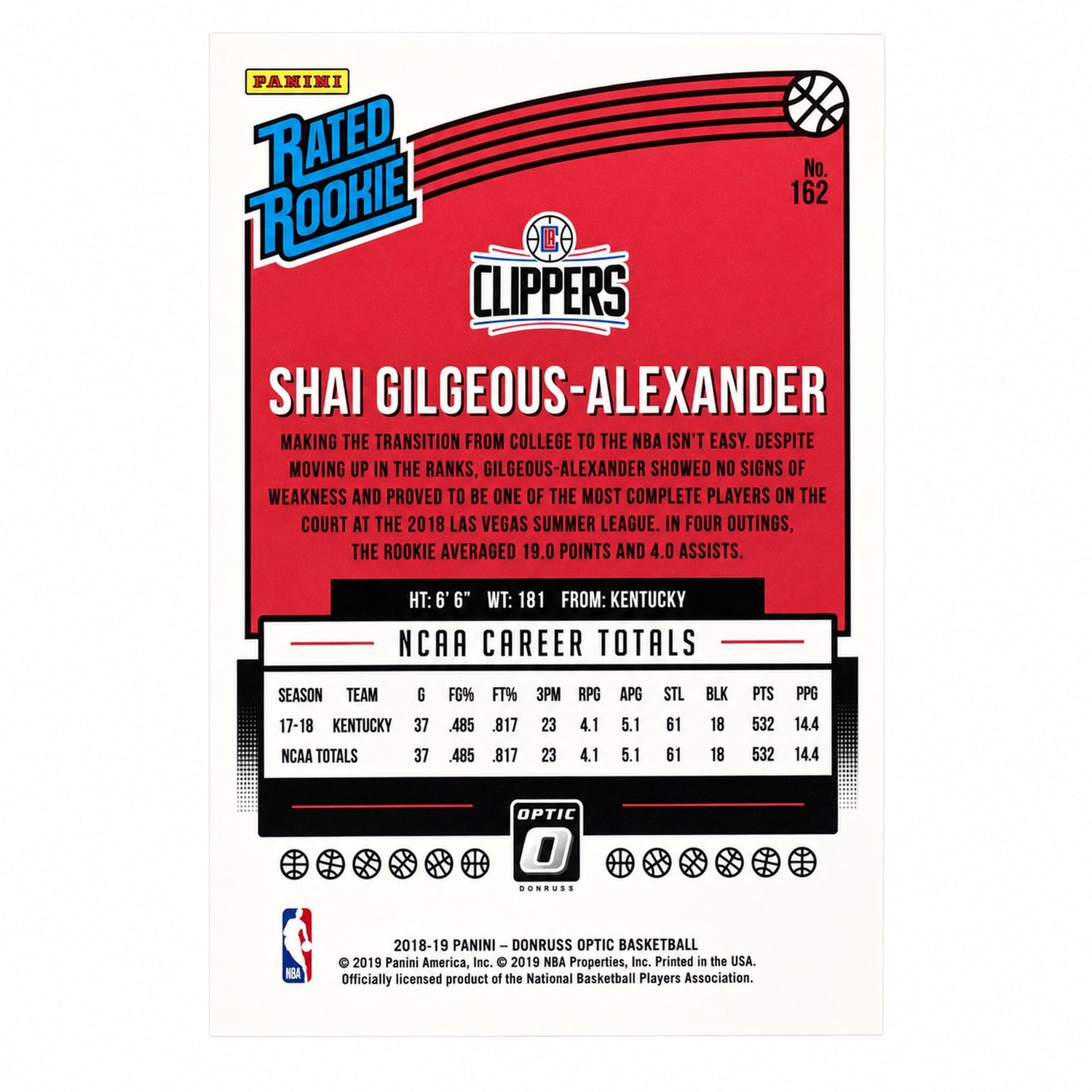 2018-19 Donruss Optic #162 Shai Gilgeous-Alexander Rated Rookie RC