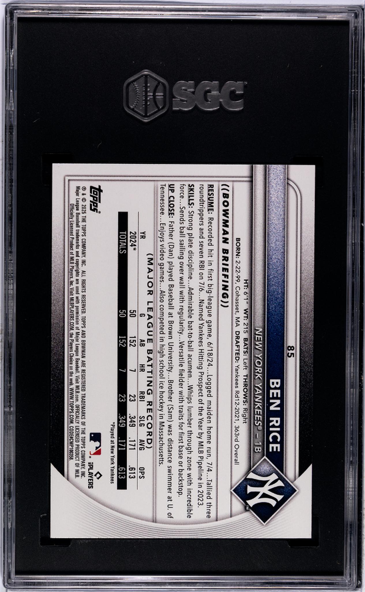 2025 Bowman #85 Ben Rice SGC 9.5