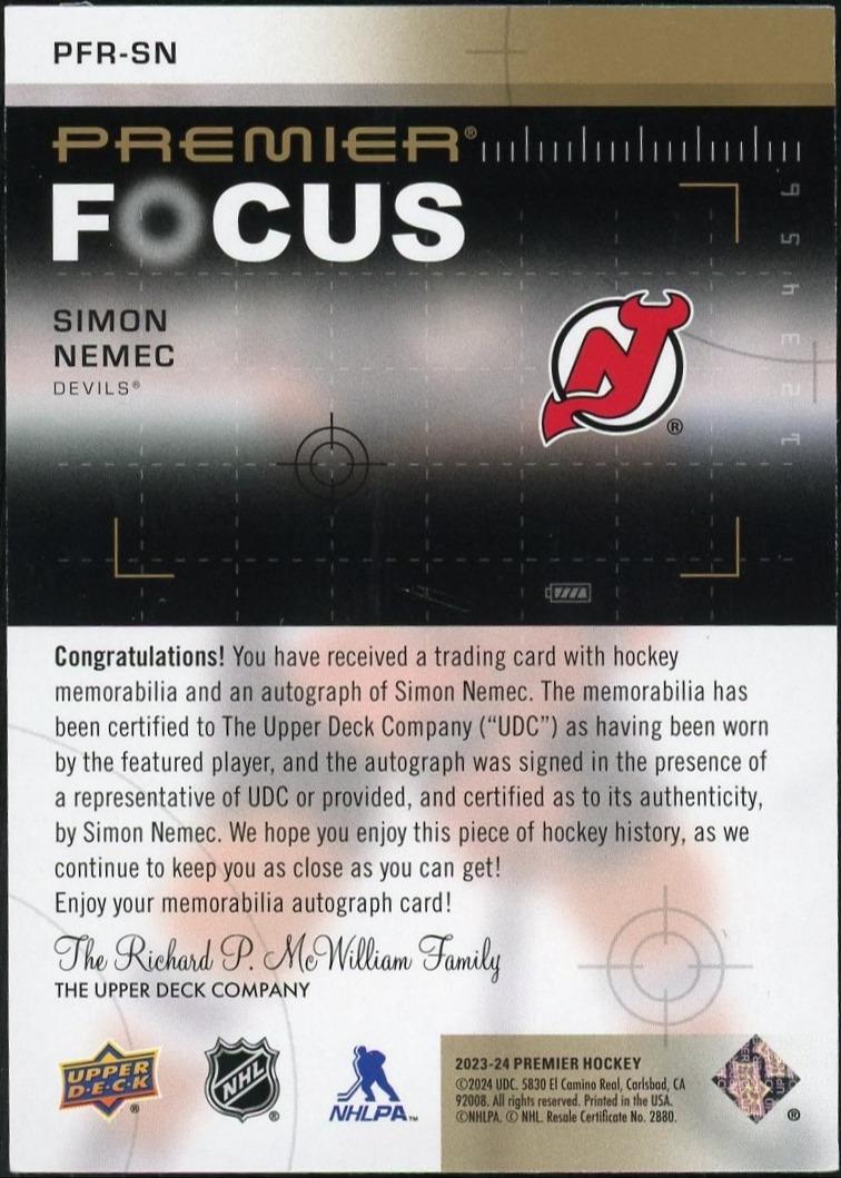 2023 Upper Deck Premier Focus Simon Nemec Patch Auto /49