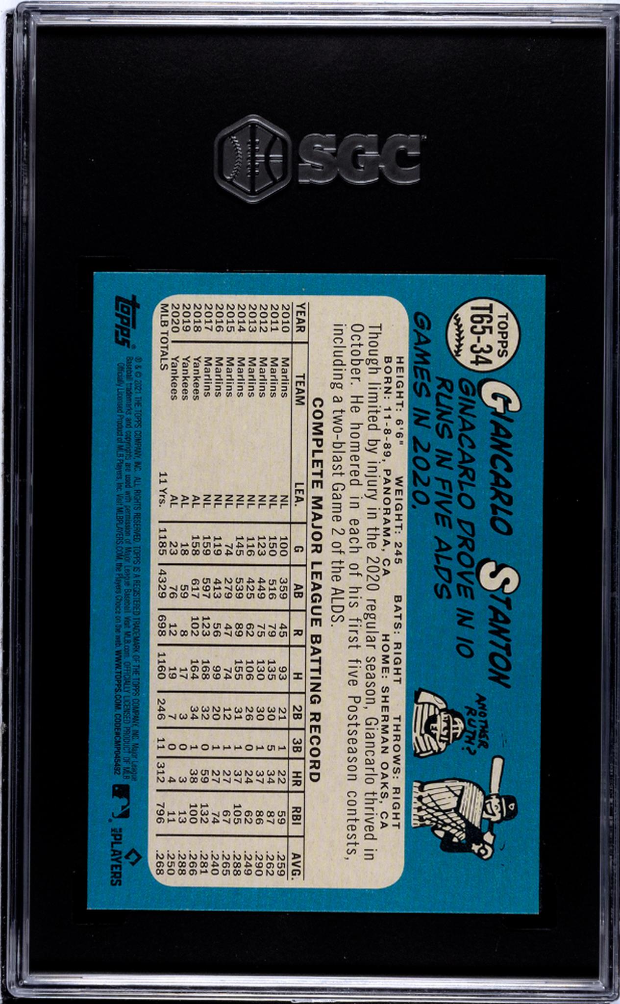 2021 Topps #T65-34 Giancarlo Stanton '65 Redux SGC 10