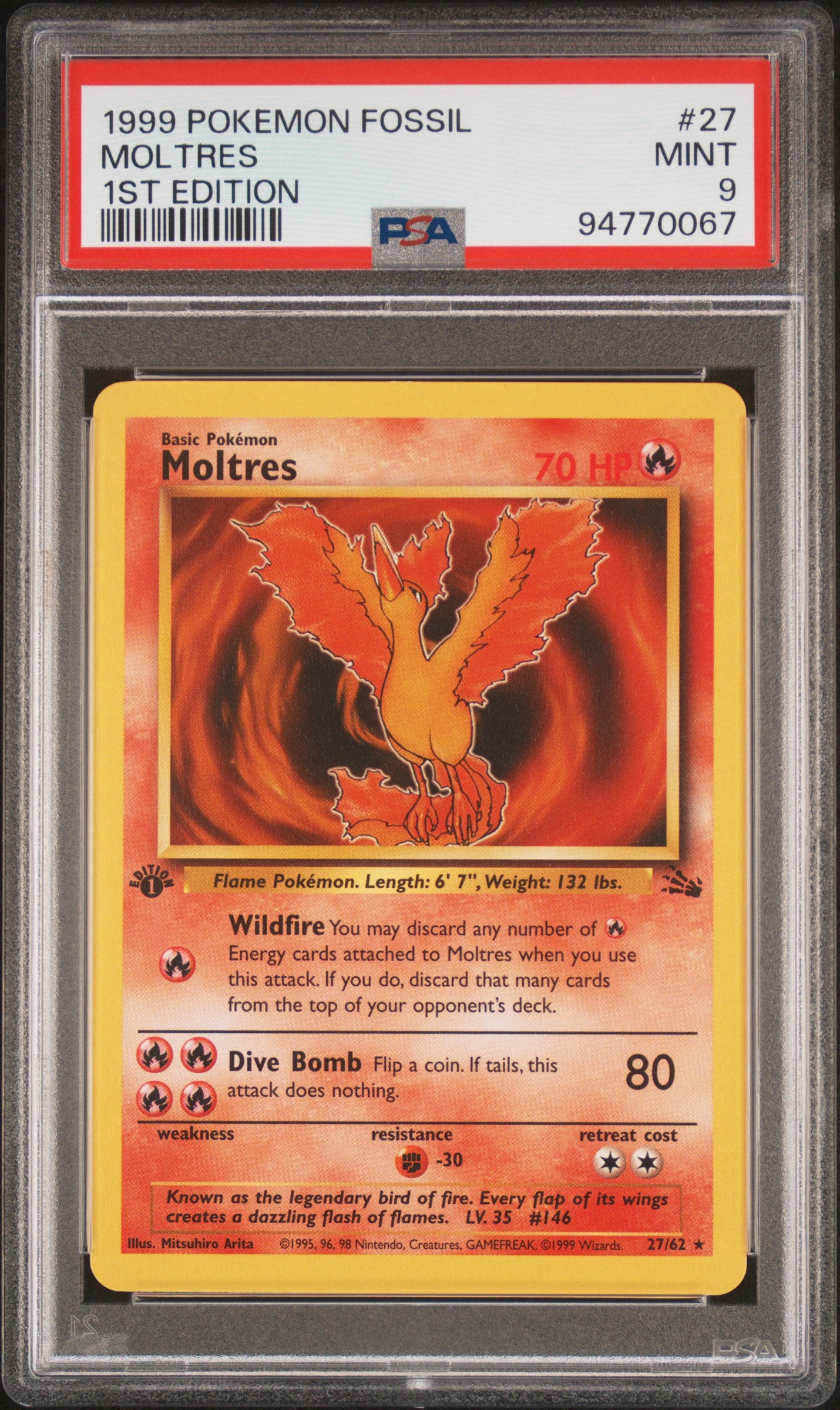 1999 Pokémon Fossil Moltres #27/62 1st Edition PSA 9