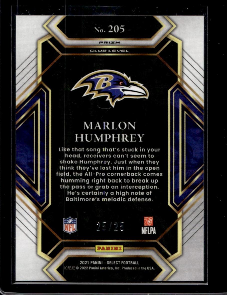 2021 Panini Select #205 Marlon Humphrey Club Level Prizm 25/25 Ravens