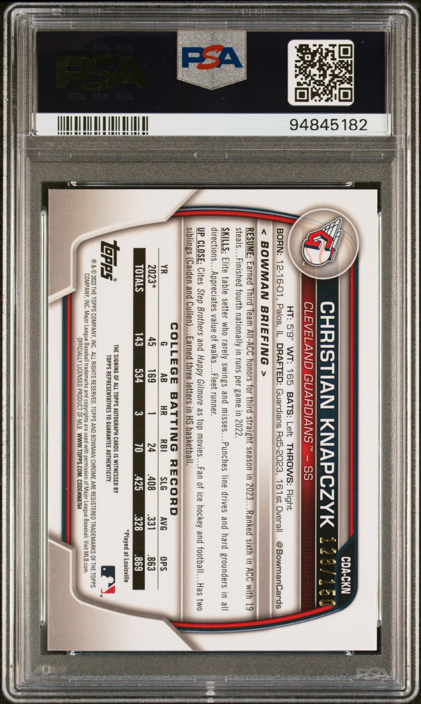 2023 Bowman Draft Auto Blue Christian Knapczyk #CDA-CKN /150 PSA 9