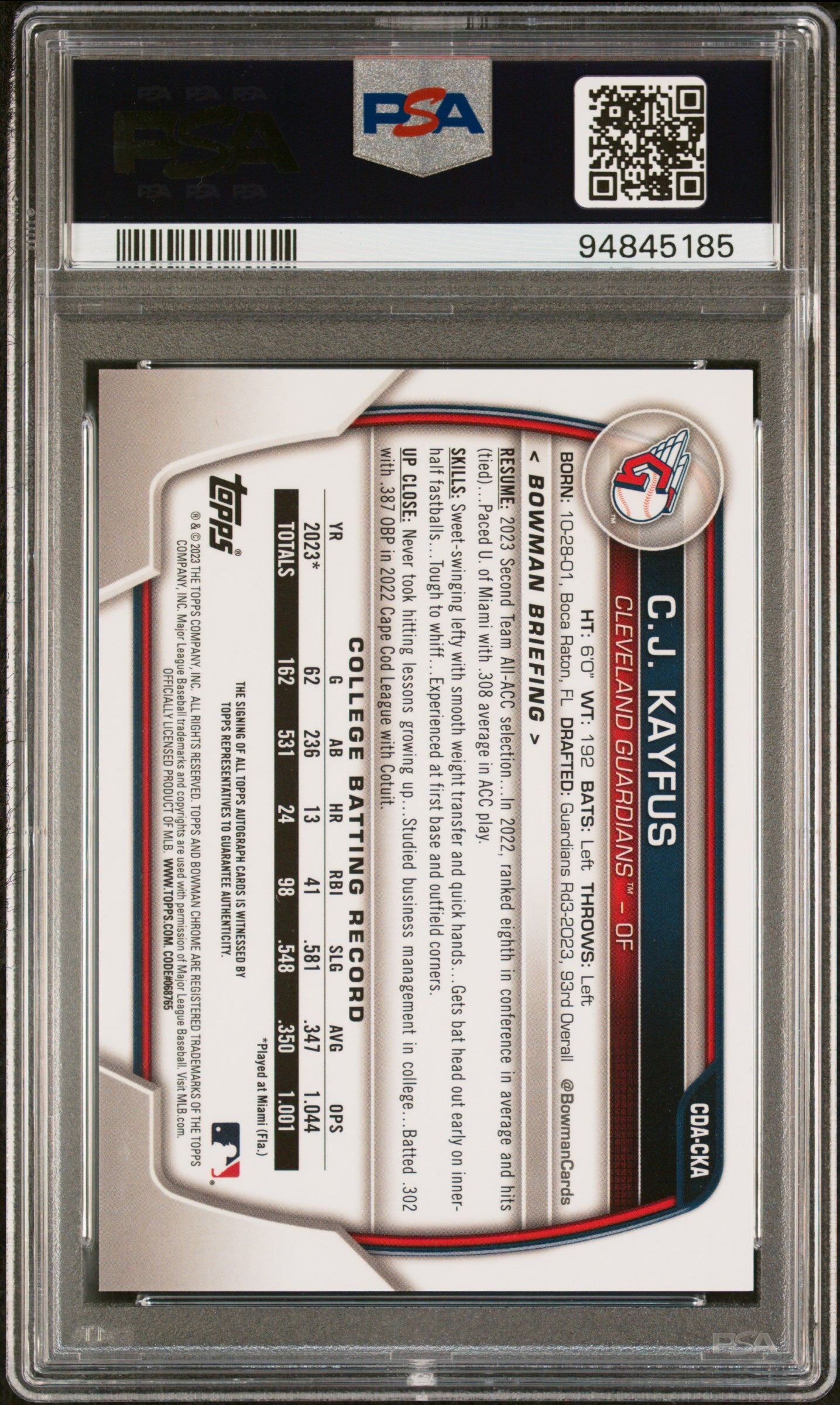 2023 Bowman Chrome C.J. Kayfus Chrome Prospect Auto Rookie PSA 9