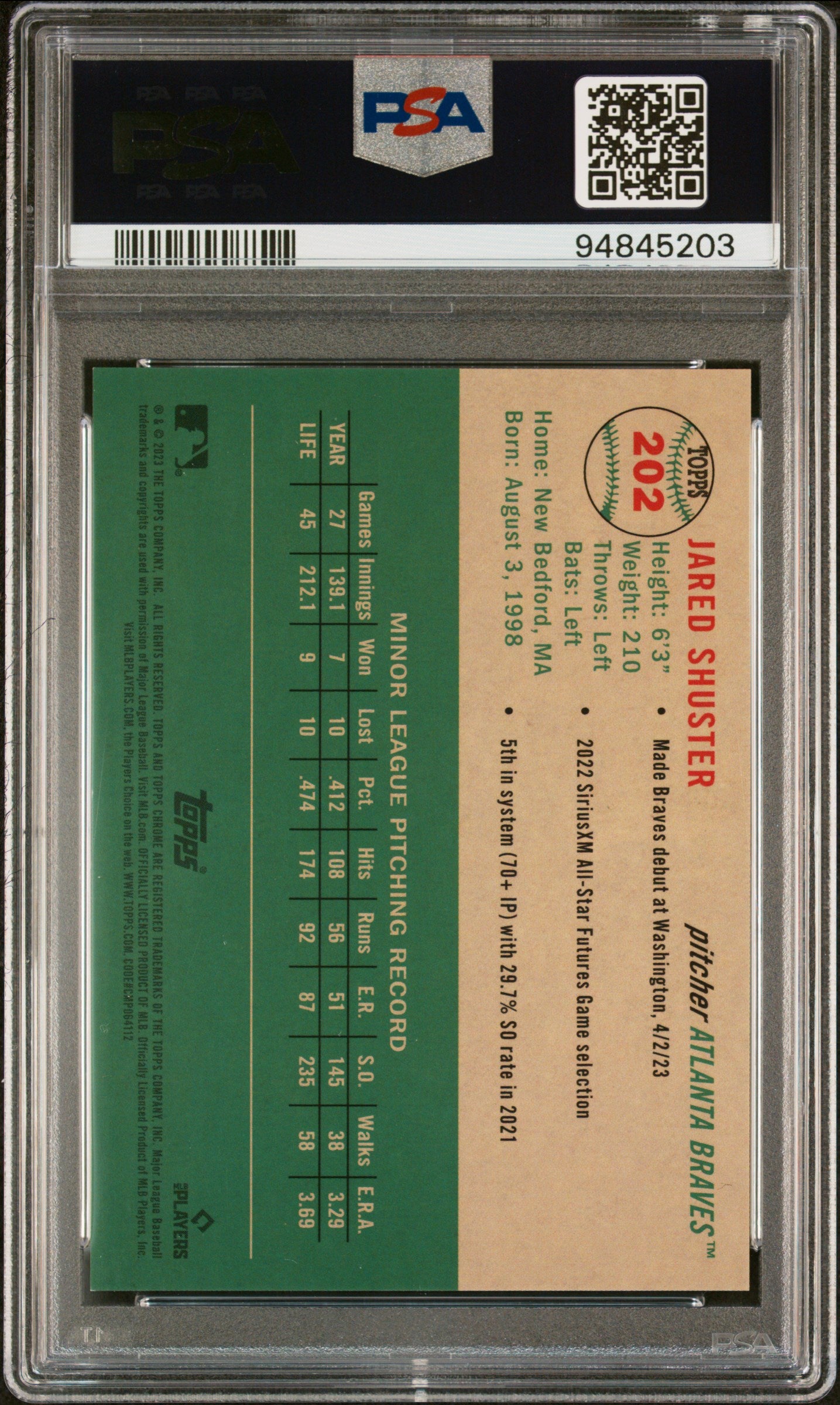2023 Topps Chrome Platinum Anniversary Gold Wave Jared Shuster /50 RC PSA 10