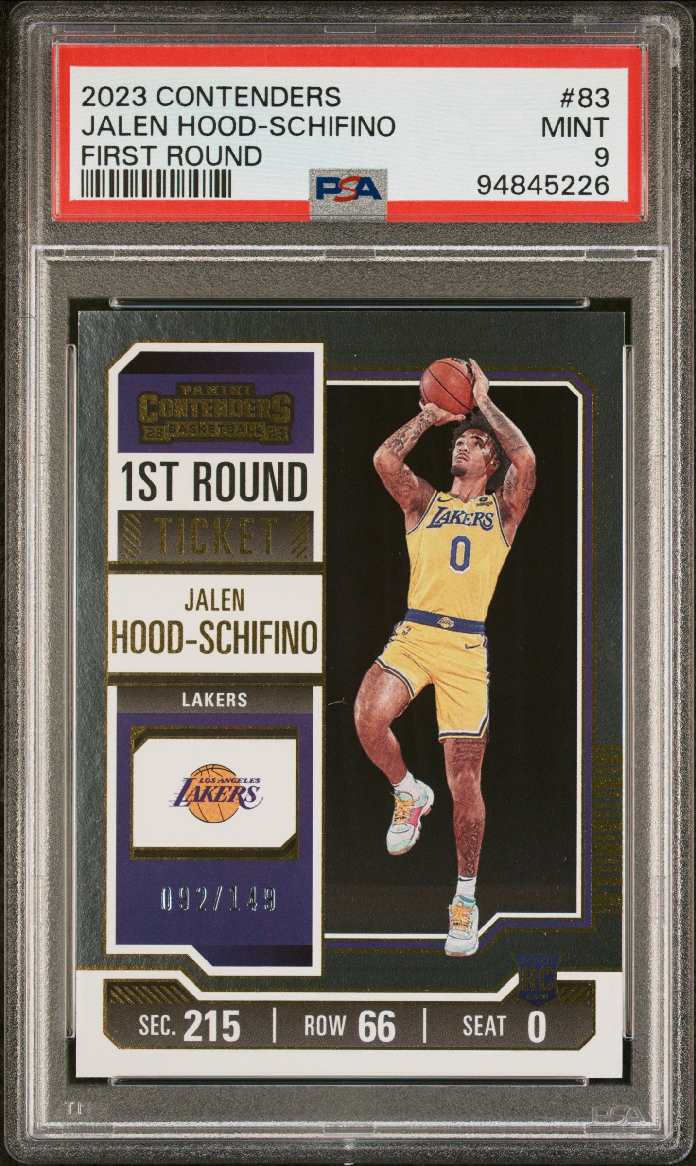 2023 Panini Contenders 83 Jalen Hood-Schifino 1st Round Ticket Rookie /149 PSA 9 Mint Los Angeles Lakers