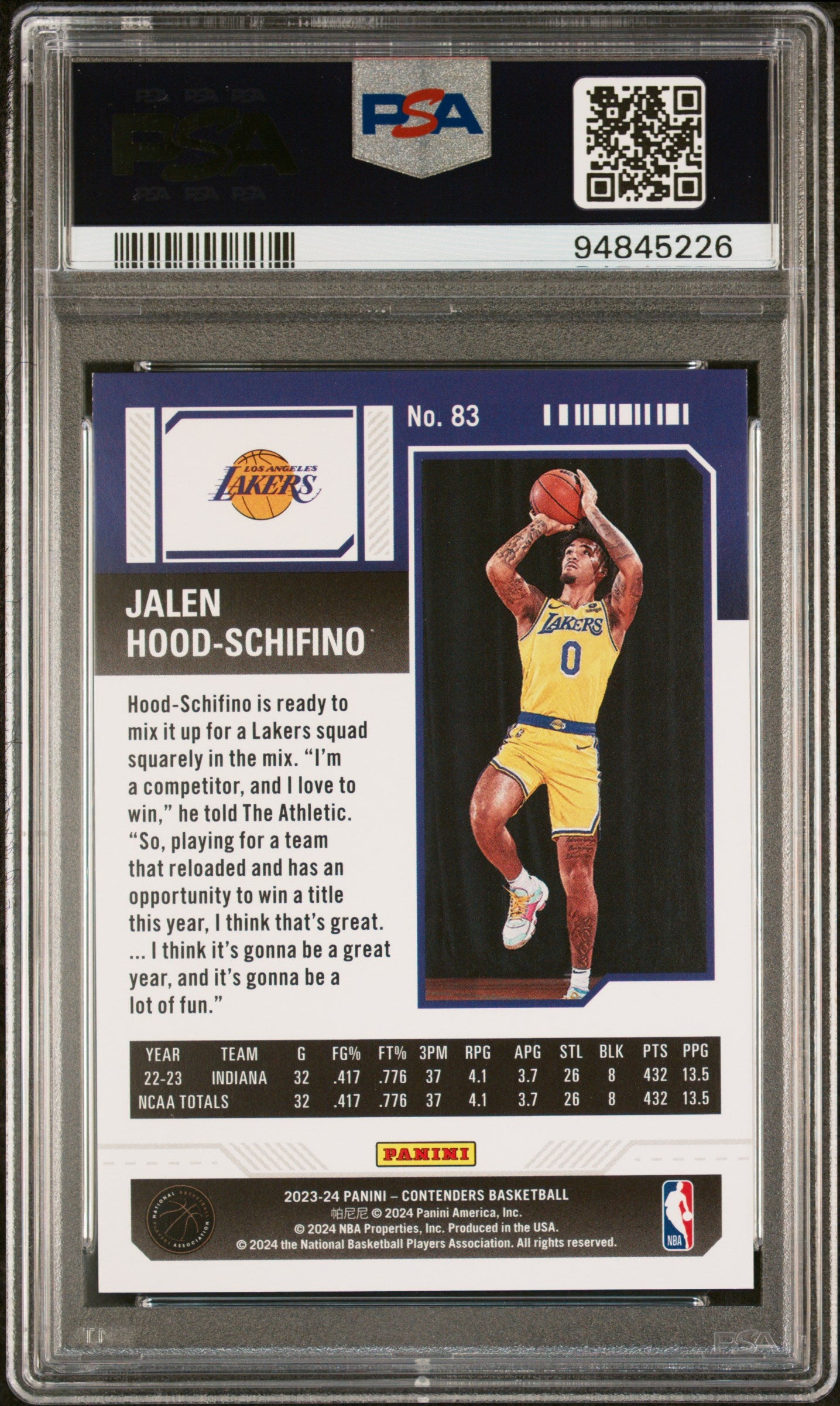 2023 Panini Contenders 83 Jalen Hood-Schifino 1st Round Ticket Rookie /149 PSA 9 Mint Los Angeles Lakers