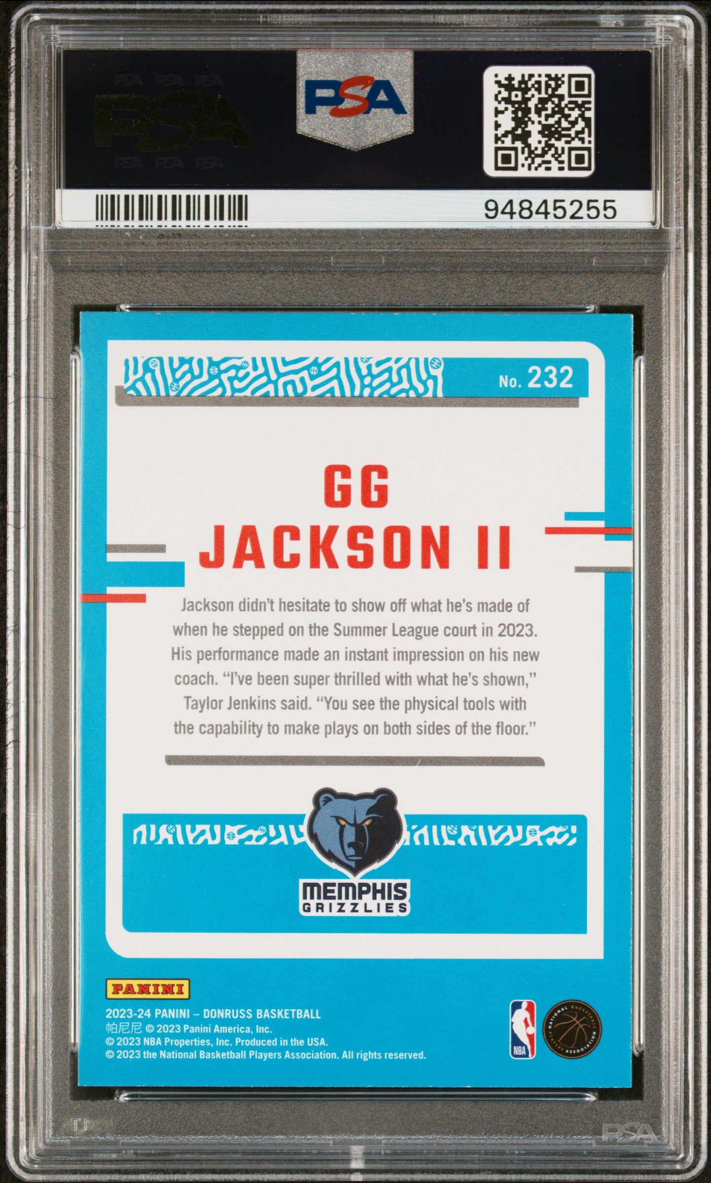 2023 Panini Donruss 232 GG Jackson II Choice Rookie PSA 9 Mint Memphis Grizzlies