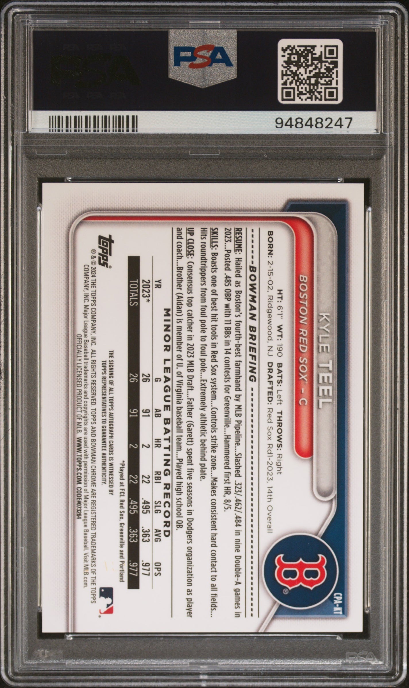 2024 Bowman #CPAKT Kyle Teel Chrome Prospect Autograph Blue Lunar Refractor /150 PSA 10