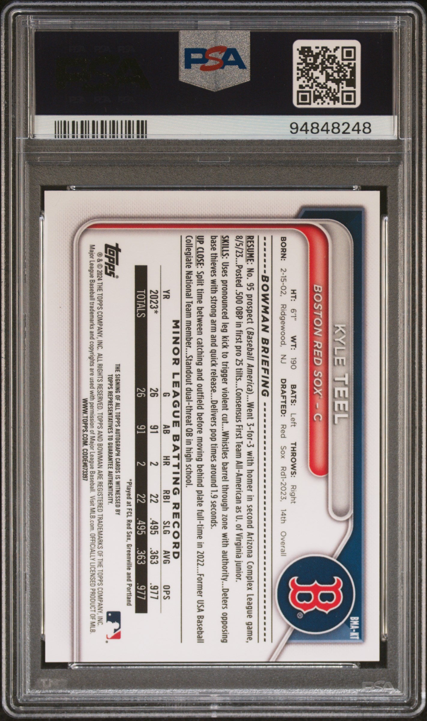 2024 Bowman Mega Box Chrome Bowman Prospect Mega Autographs #KT Kyle Teel Chrome-Prospect Autograph PSA 10