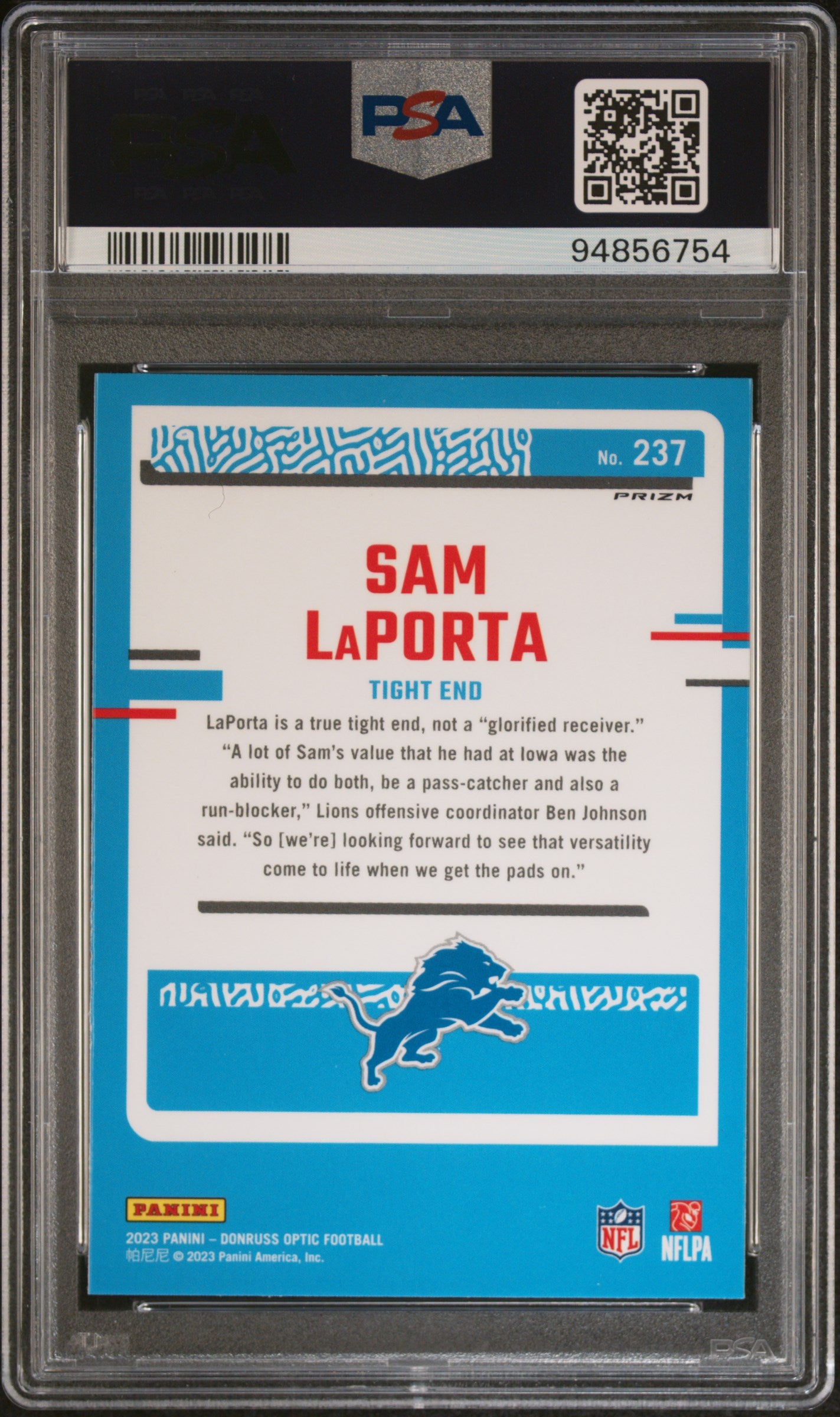 2023 Donruss Optic Rated Rookie Purple Shock Sam Laporta #237 PSA 10