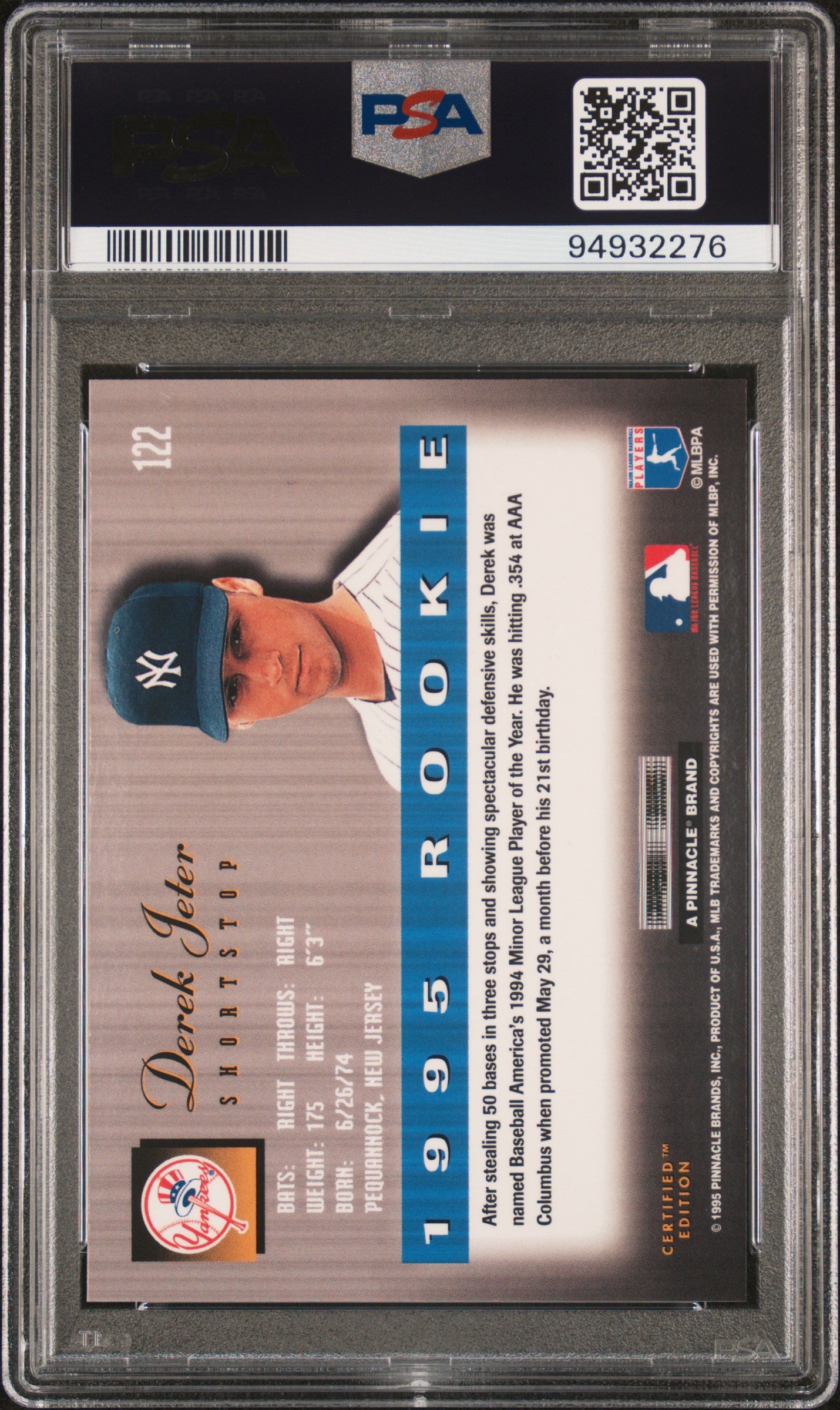 1995 Pinnacle Select #122 Derek Jeter Certified Edition Rookie PSA 10 Gem Mint