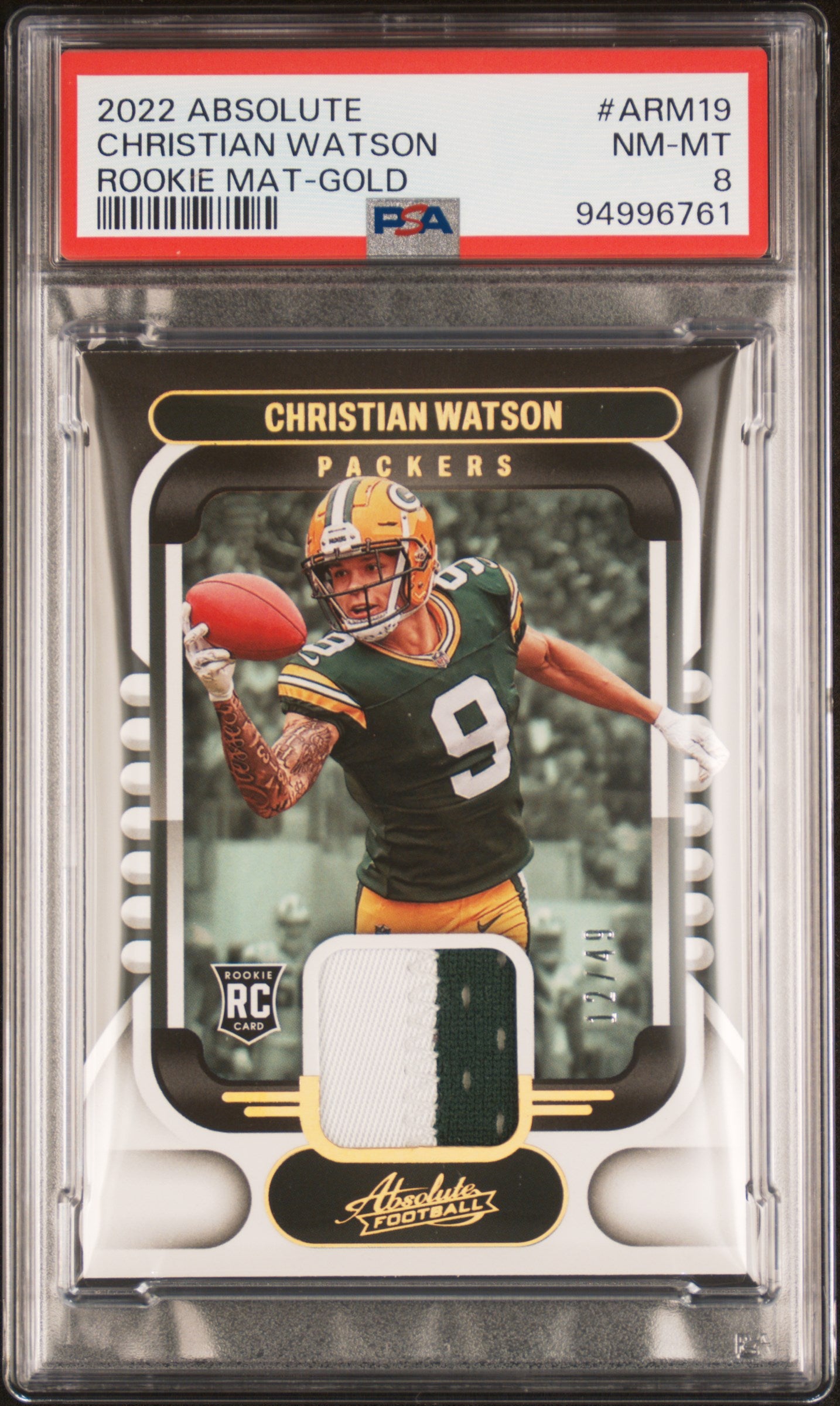 2022 Panini Absolute Rookie Mat Gold Christian Watson #ARM19 RC Patch /49 PSA 8