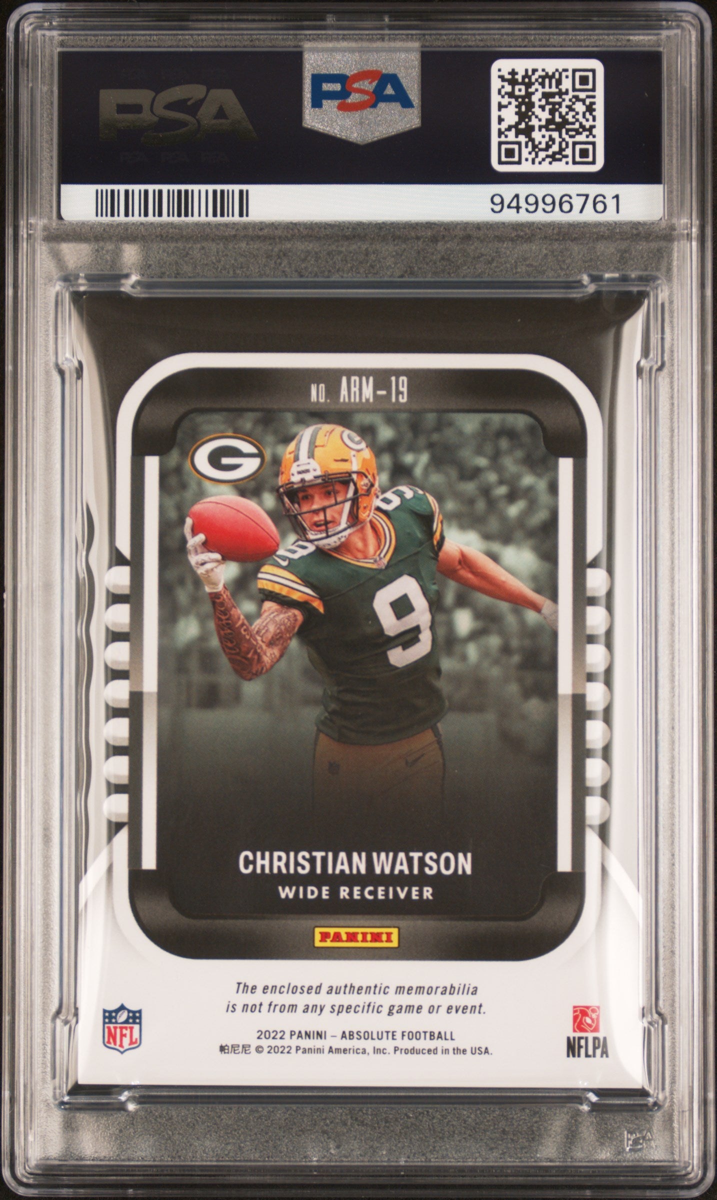 2022 Panini Absolute Rookie Mat Gold Christian Watson #ARM19 RC Patch /49 PSA 8