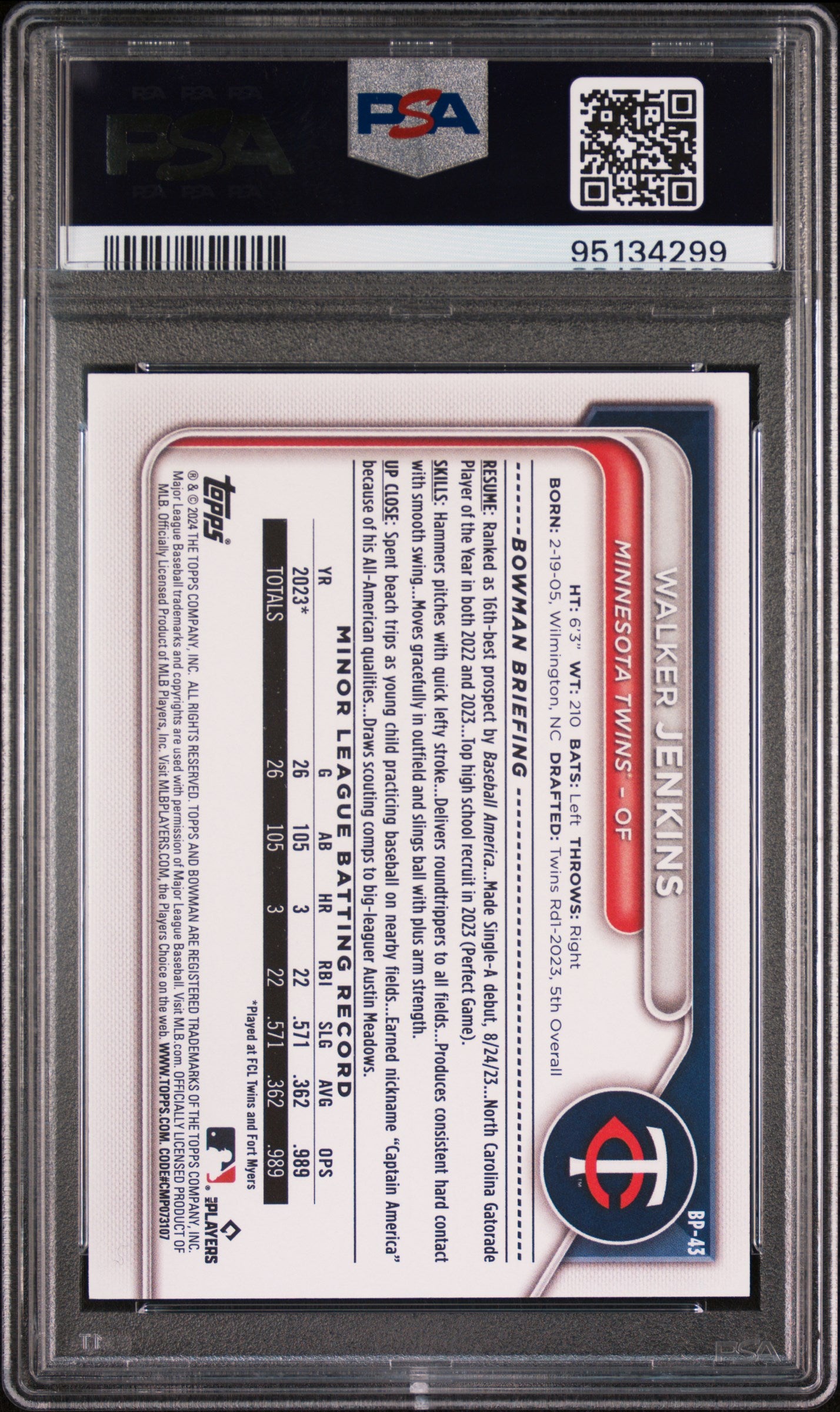 2024 Bowman Paper Prospects Walker Jenkins #BP43 PSA 10