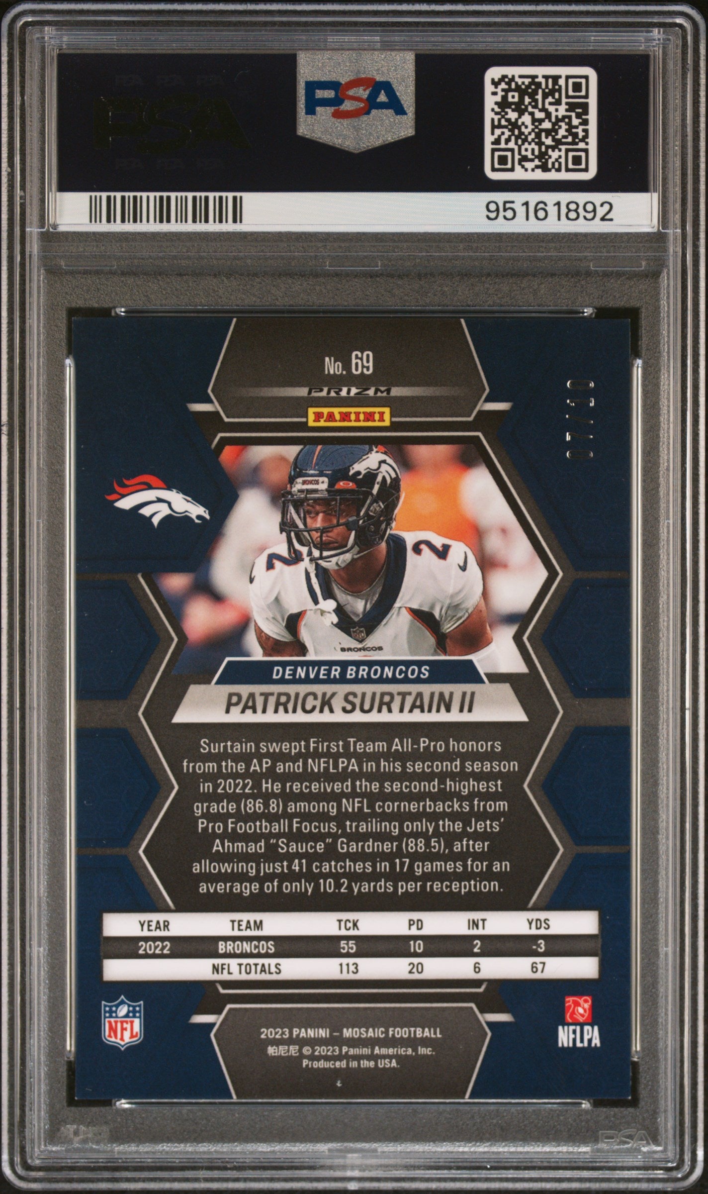 2023 Panini Mosaic Gold No Huddle Patrick Surtain II #69 PSA 9