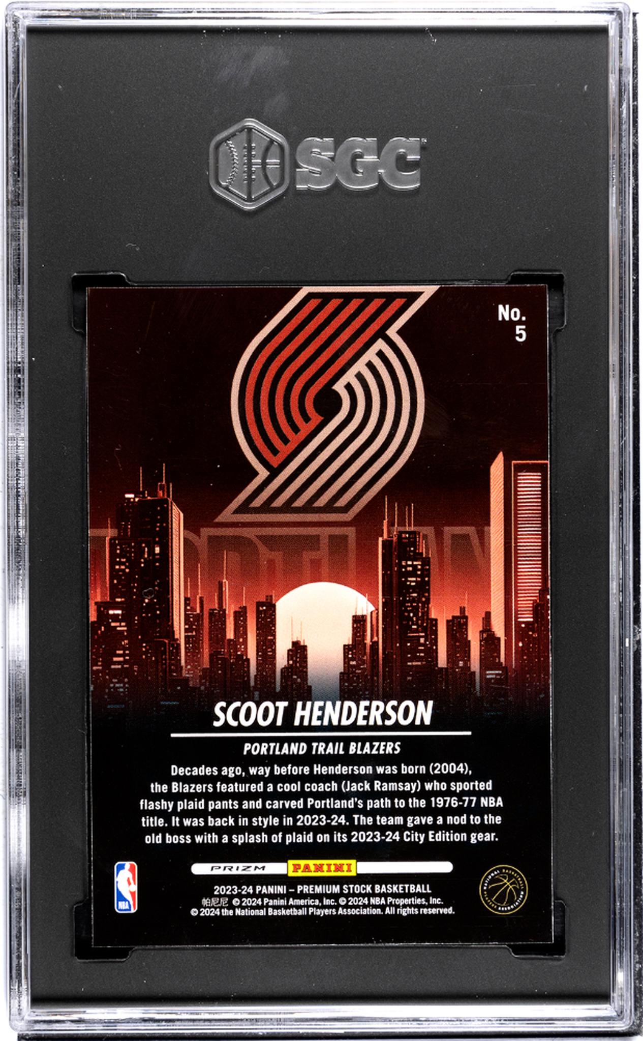 2023-24 Panini Hoops Premium Stock #5 Scoot Henderson City Ed. Silver Prizm SGC 9.5