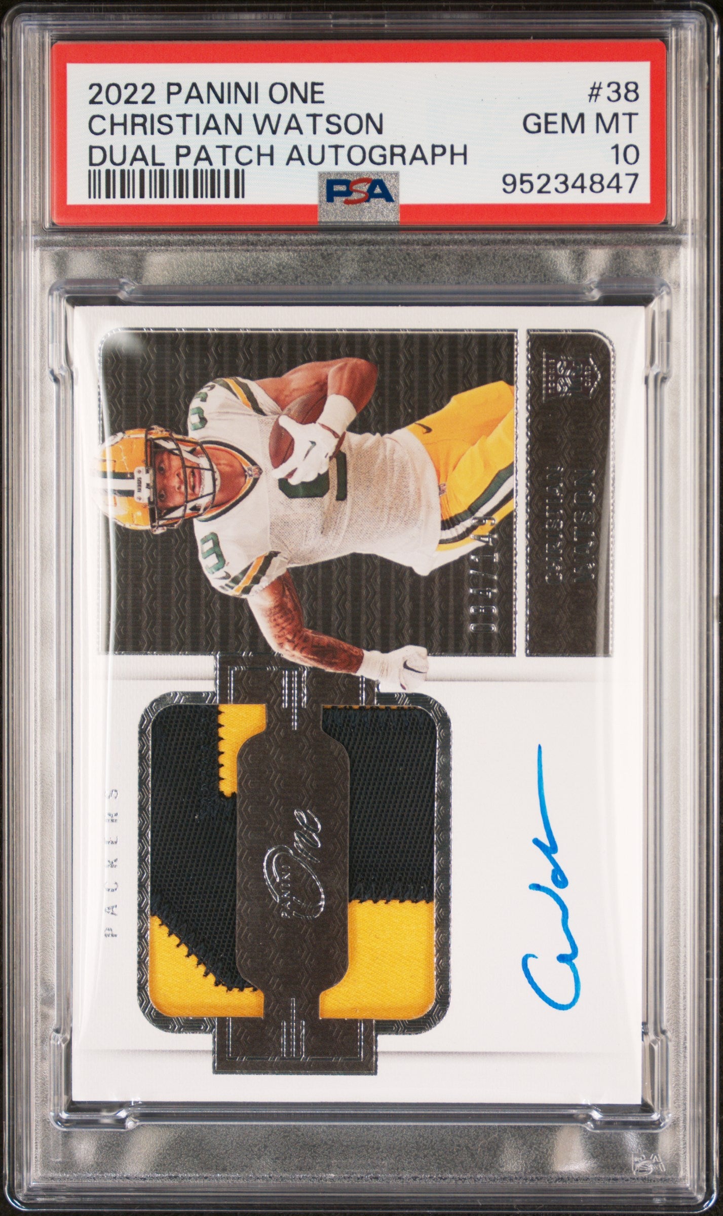 2022 Panini One Dual Patch Autograph Christian Watson #38 RC RPA PSA 10