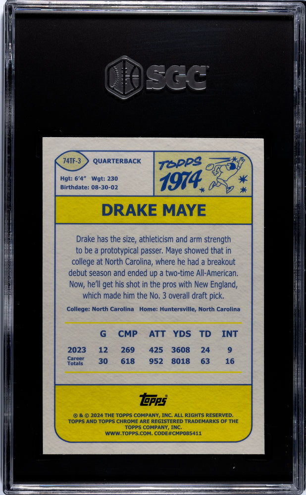 2024 Topps Chrome '74 Design Drake Maye #74TF-3 RC SGC 9.5
