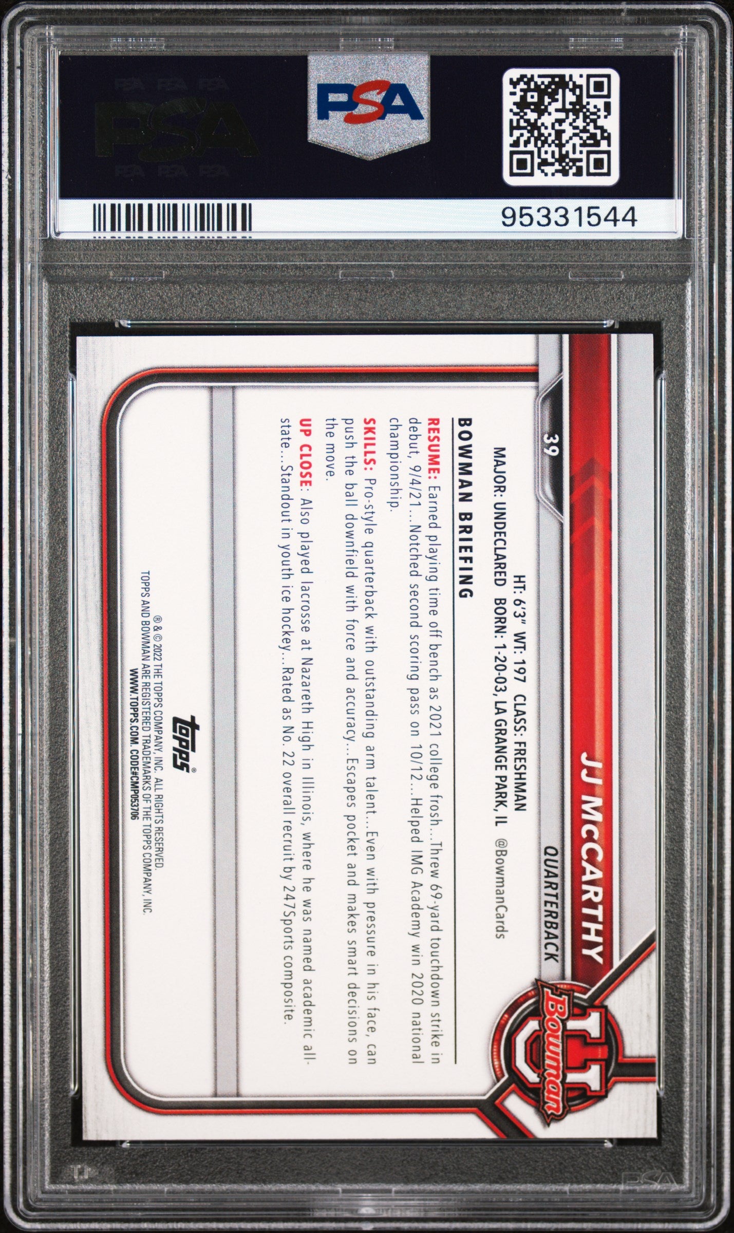 2021 Bowman University Paper Prospects JJ McCarthy #39 PSA 10