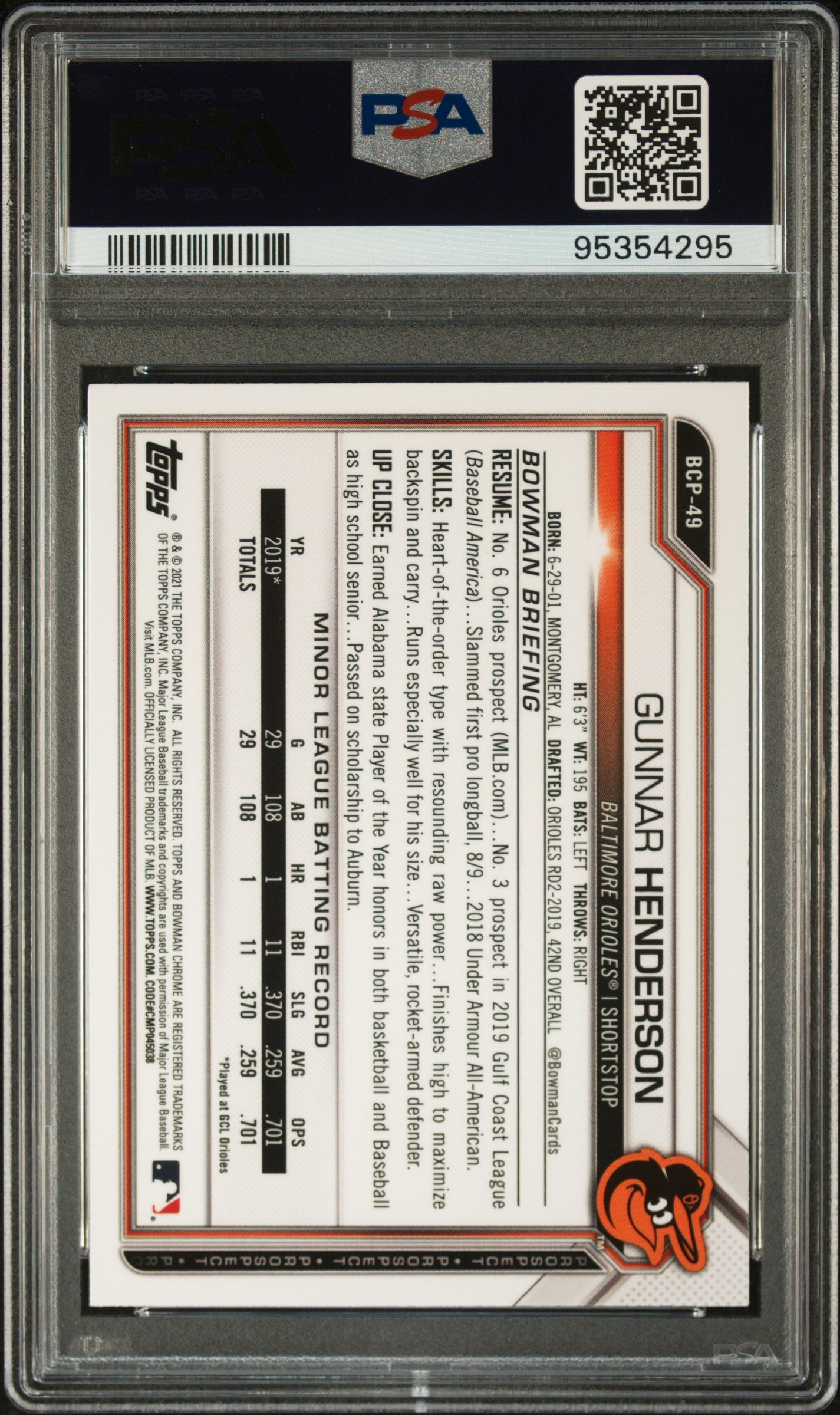 2021 Bowman Sapphire #BCP49 Gunnar Henderson Chrome Prospect PSA 10