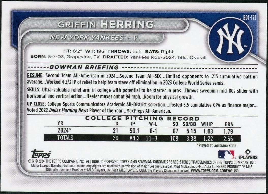 2024 Bowman Chrome Griffin Herring Black Refractor 04/10