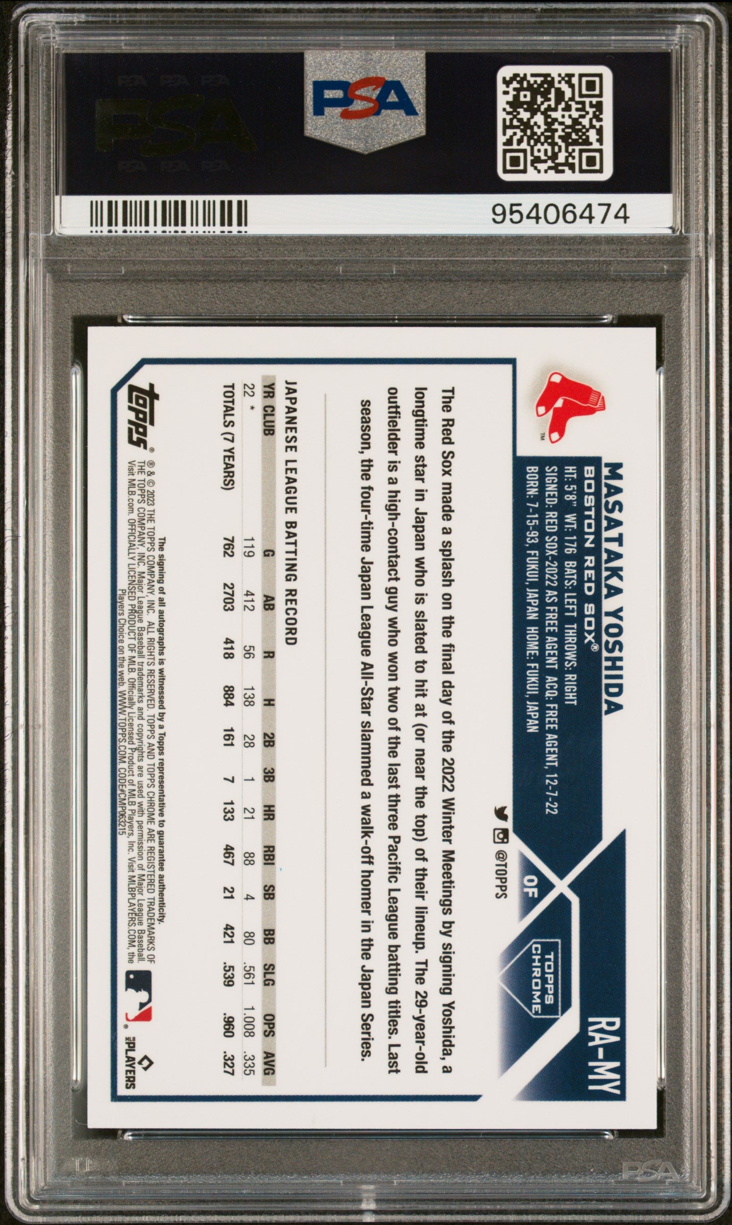 2023 Topps Chrome #RA-MY Masataka Yoshida PSA 8